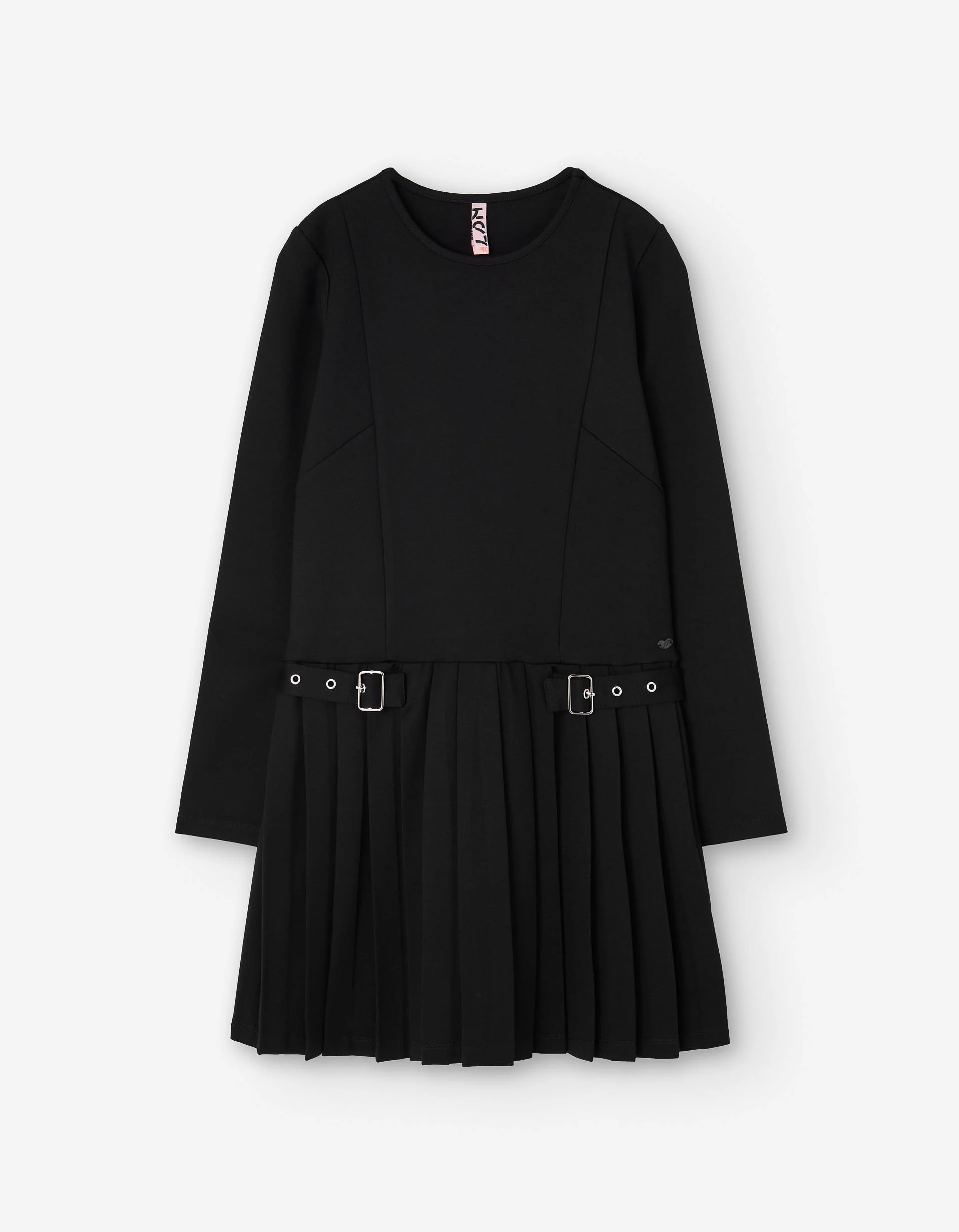 Long sleeve interlock knit dress with pleats for girls, black