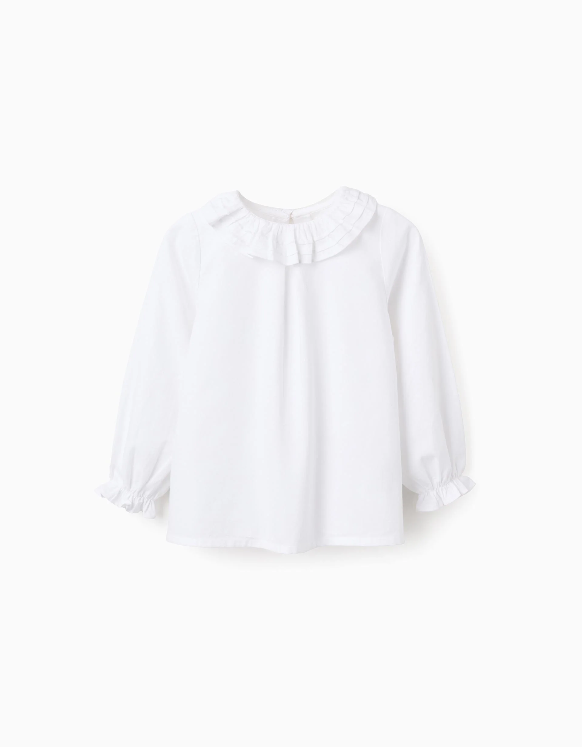 Cotton Twill Blouse with Ruffles for Girls, White