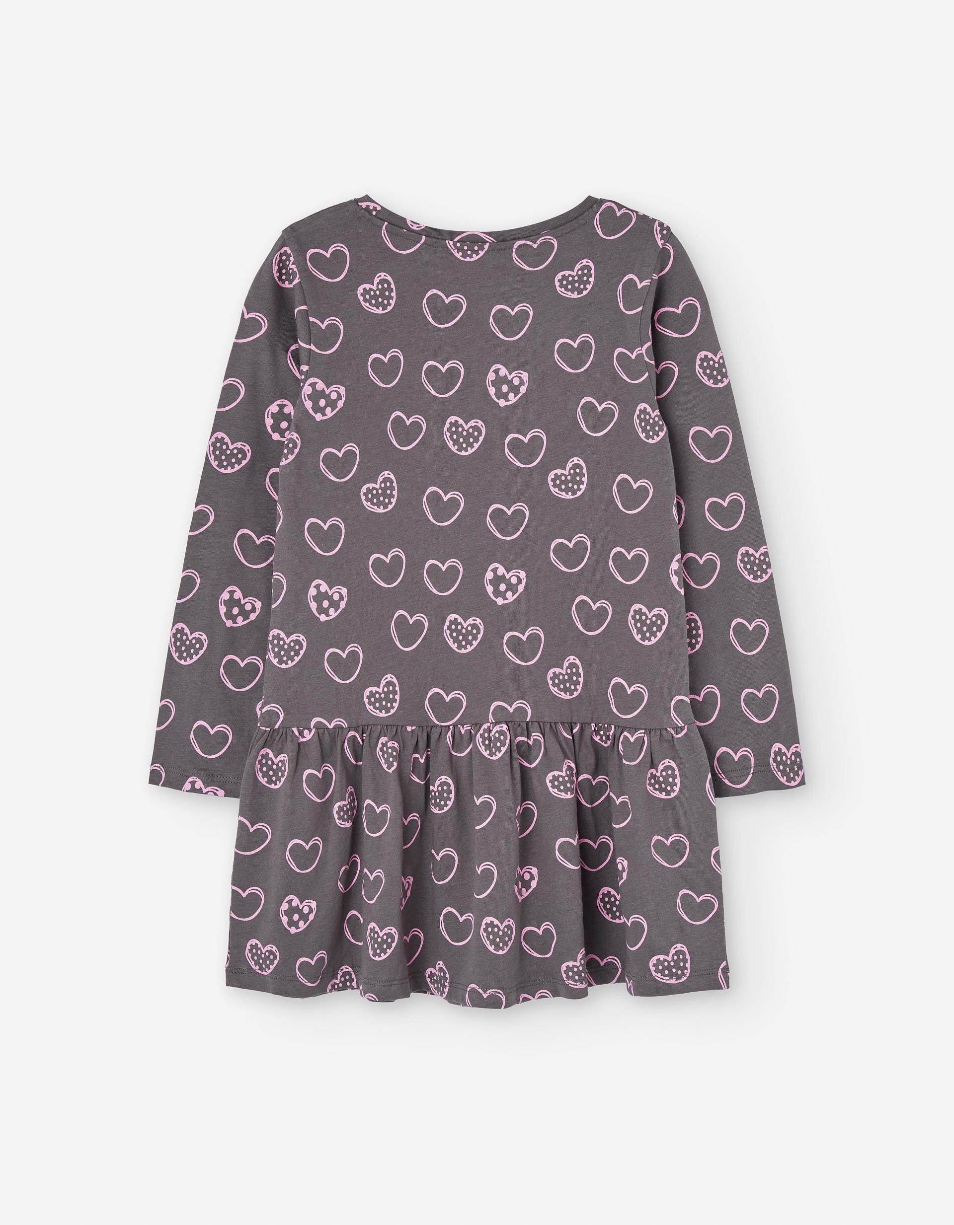 Long sleeve cotton dress with heart motif for girls, grey/pink