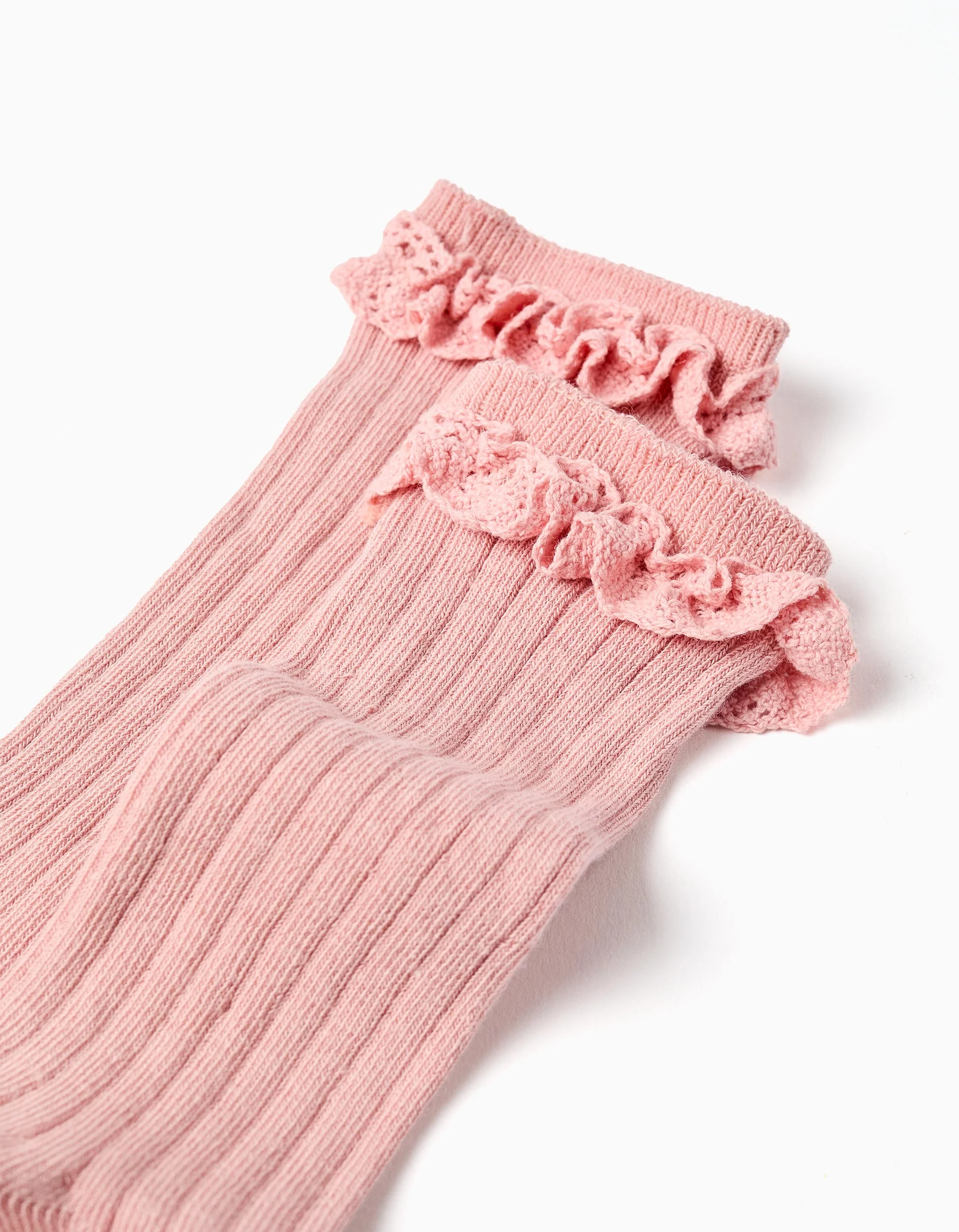 High socks with crochet ruffles for girls, light pink