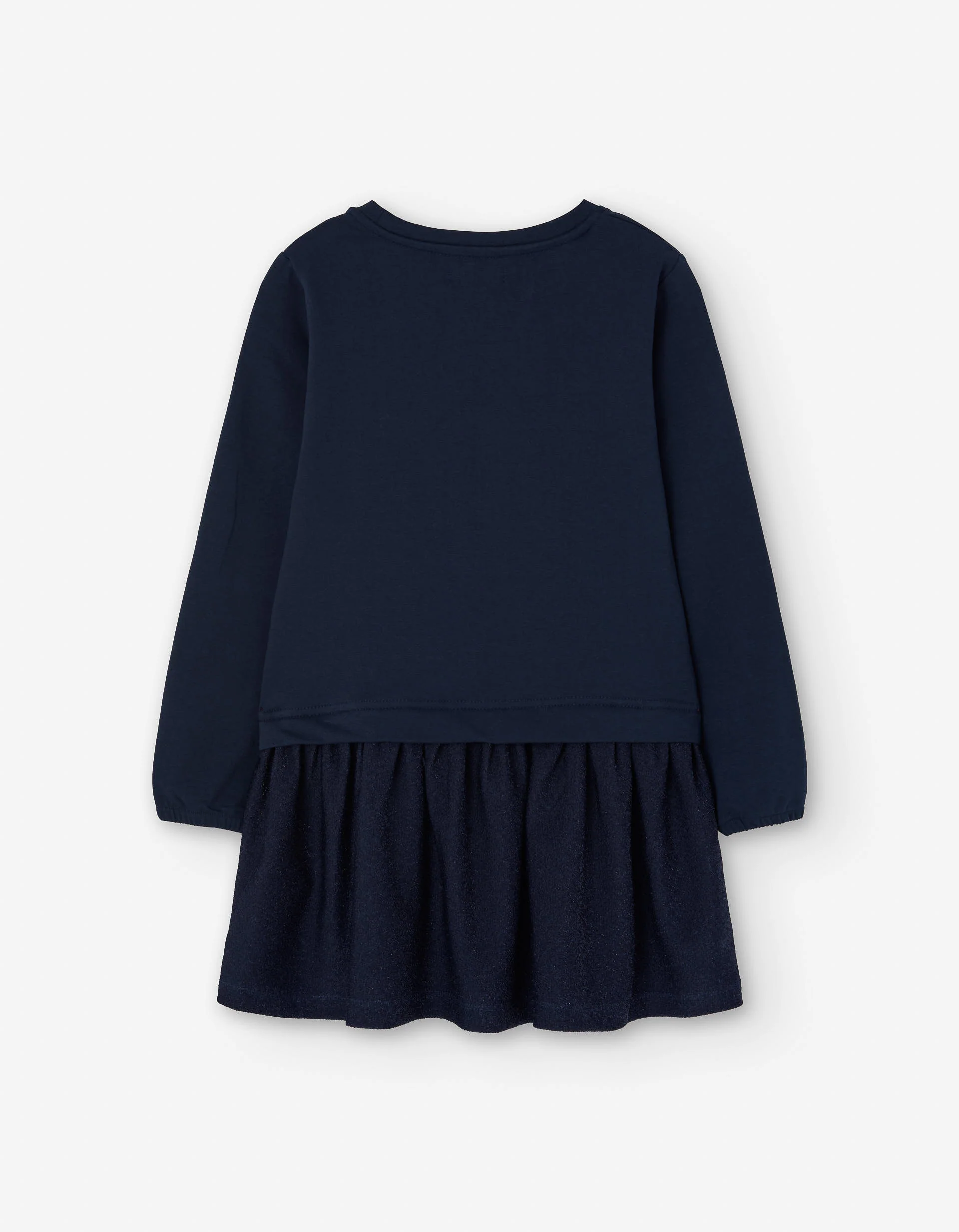 Dual-fabric long sleeve dress with sequined bow for girls, dark blue