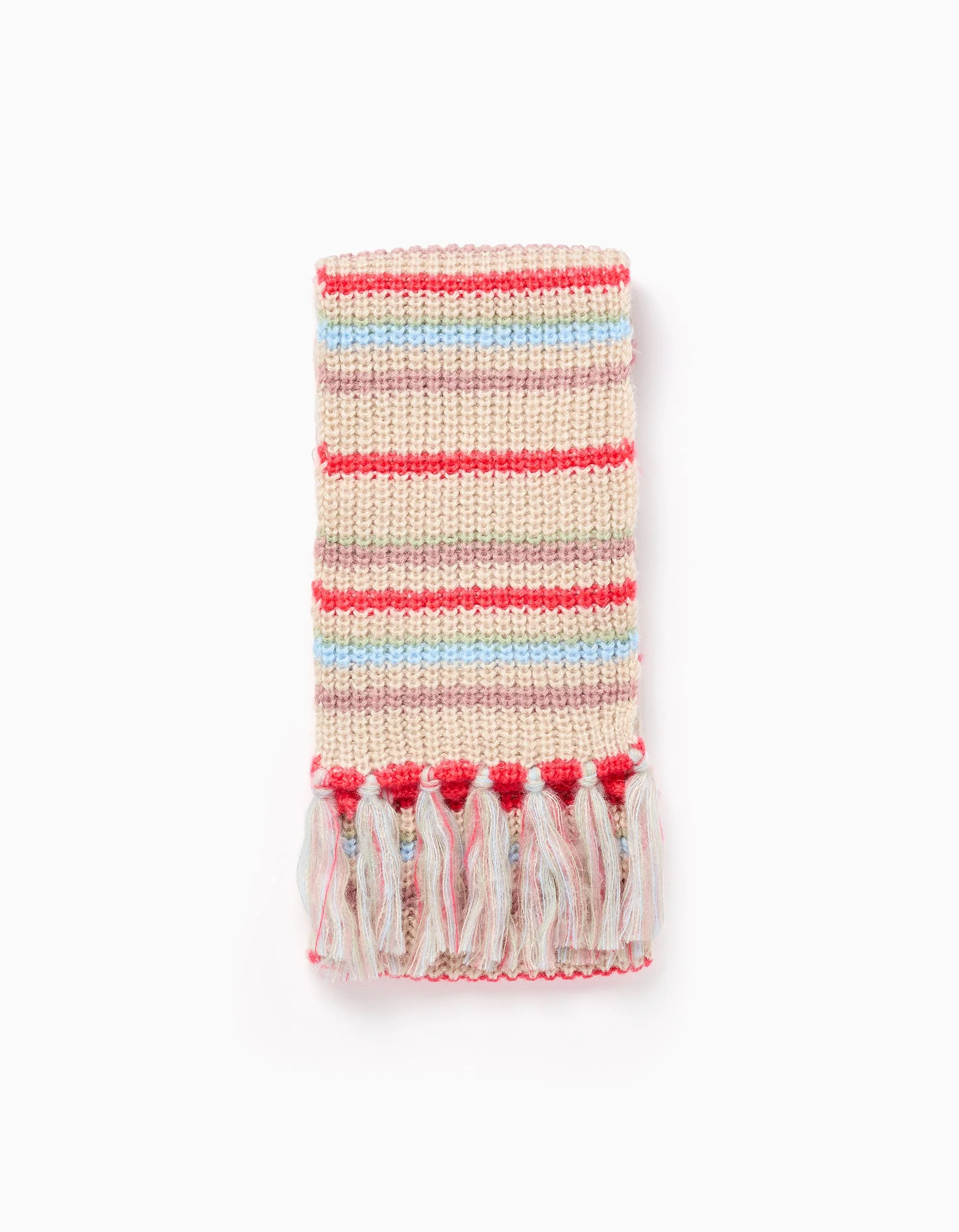 Knitted fringed scarf with jacquard for girls, multicolour