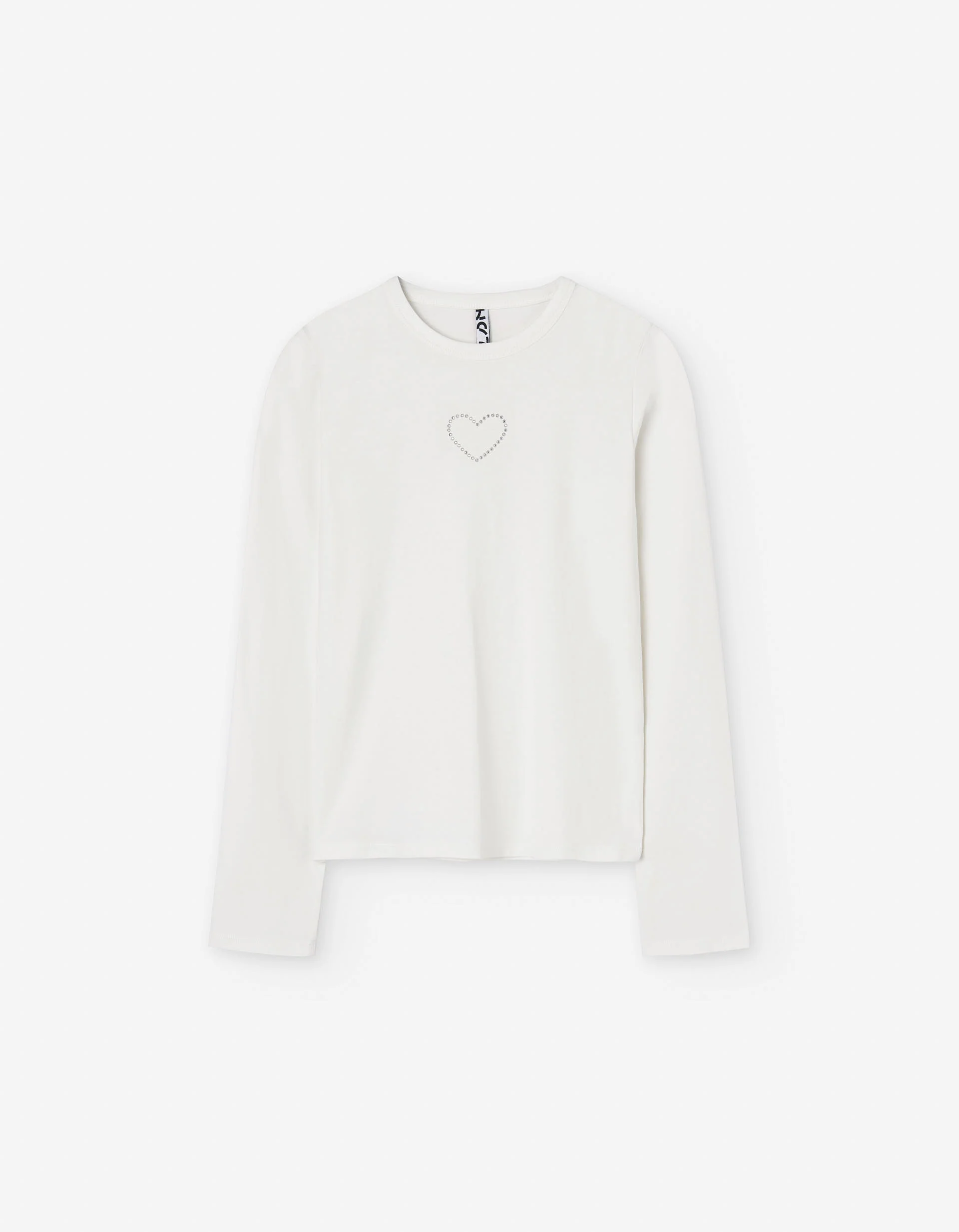 Long sleeve cotton T-shirt with heart in strass for girls, white
