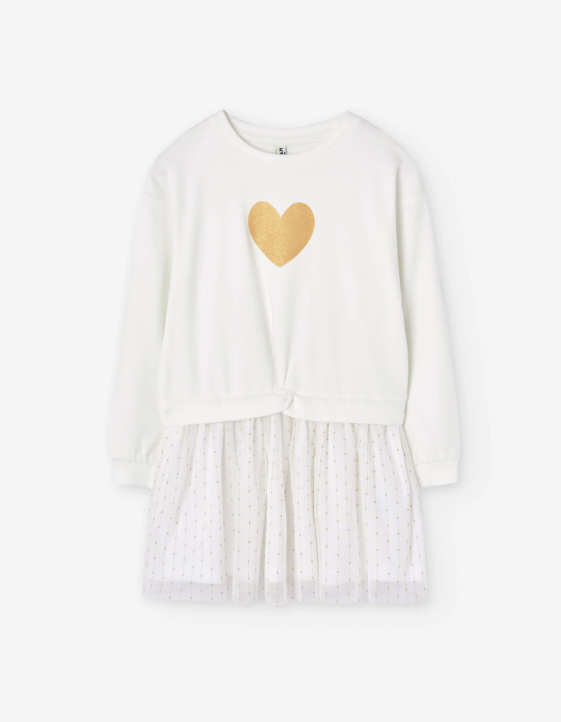 Dual-fabric dress with heart print and tulle skirt for girls, white
