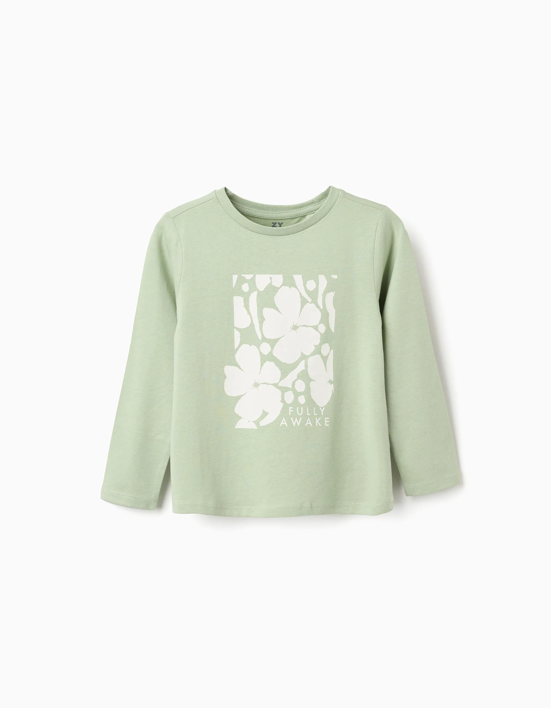 Long sleeve cotton T-shirt with 'Fully Awake' print for girls, light green