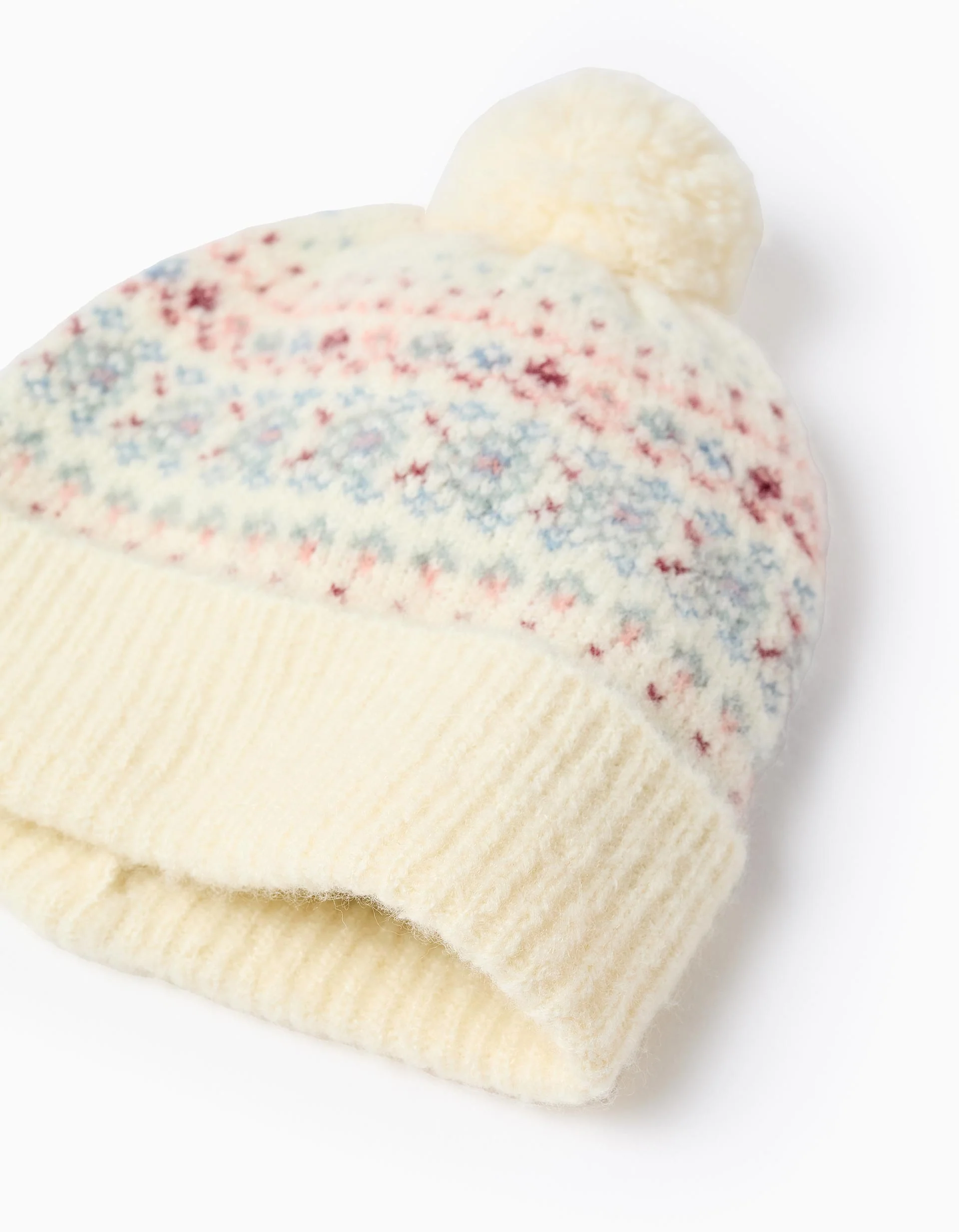 Knitted beanie + gloves with jacquard for girls, white