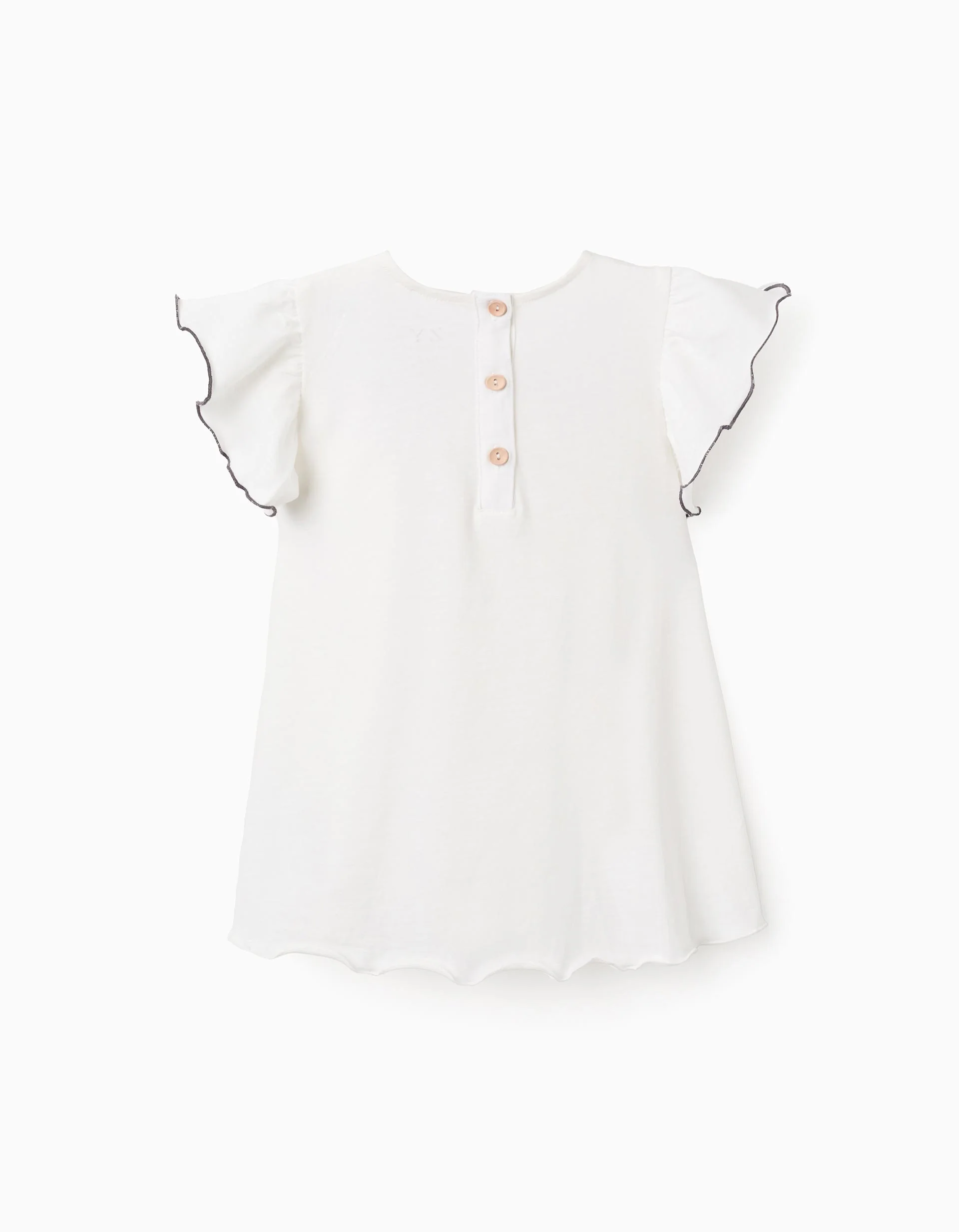 Cotton T-shirt with Ruffles and Flower Embroidery for Girls, White