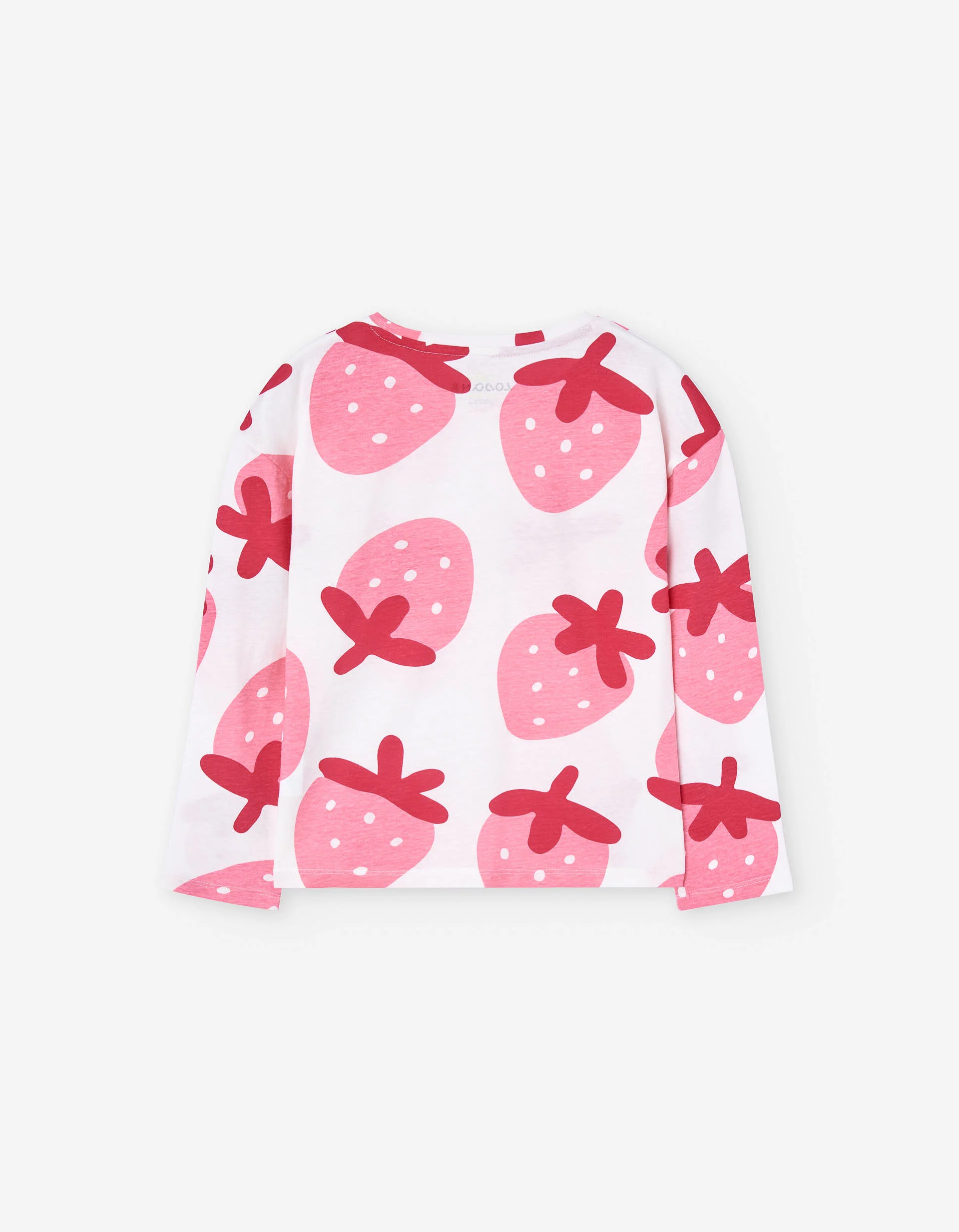 Long sleeve cotton T-shirt with strawberry motif for girls, white/pink
