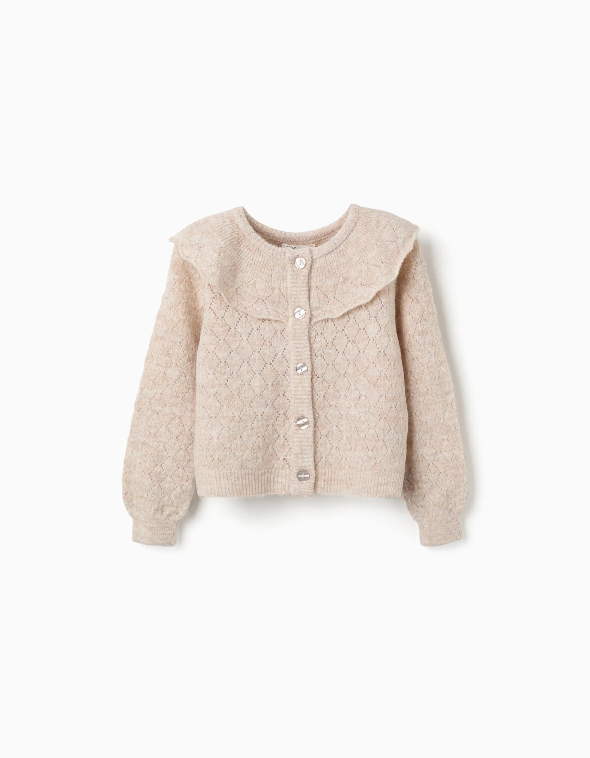 Openwork knit jacket with ruffle collar for girls, beige