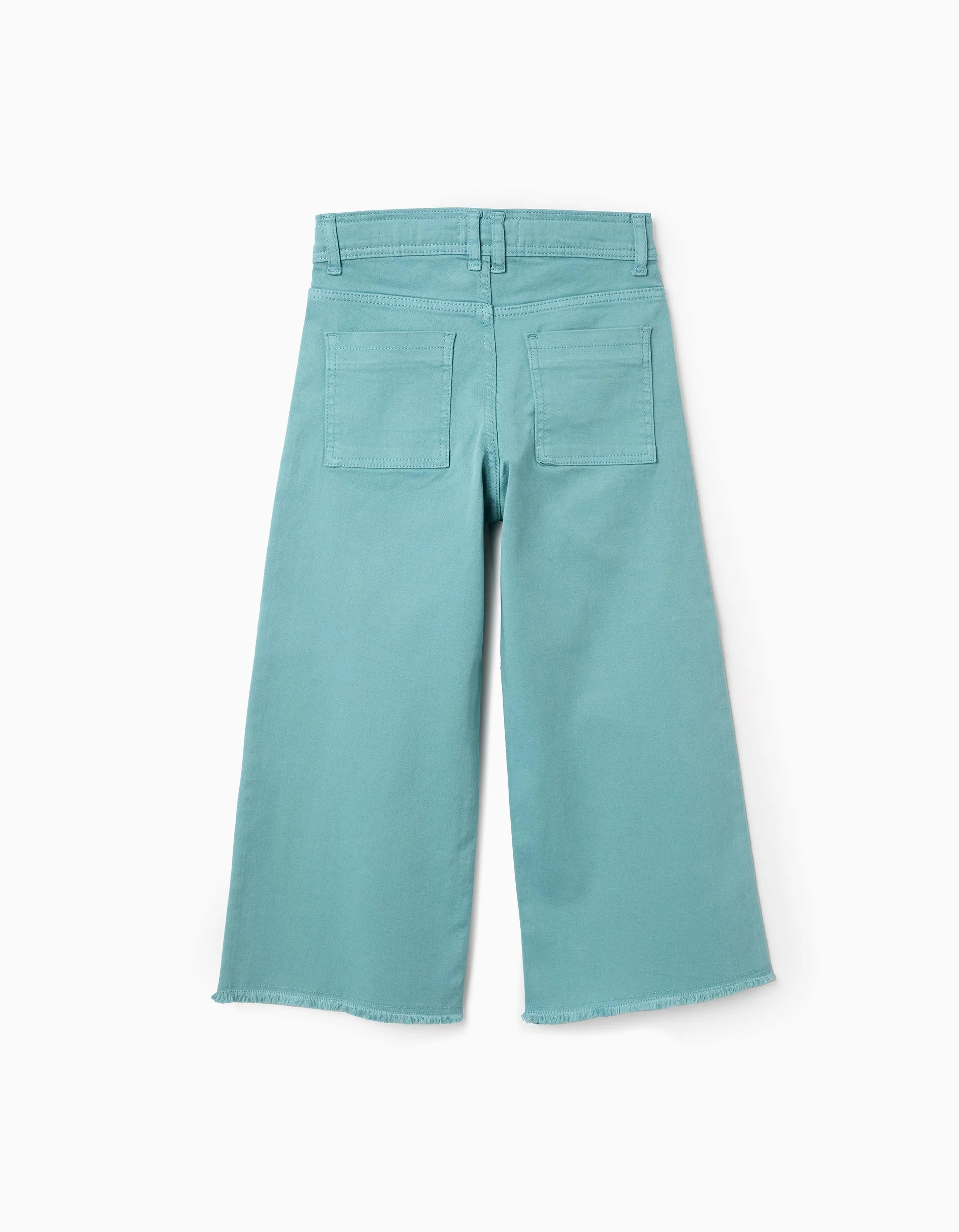Wide Leg Twill Trousers with Frayed Hems for Girls, Aqua Green