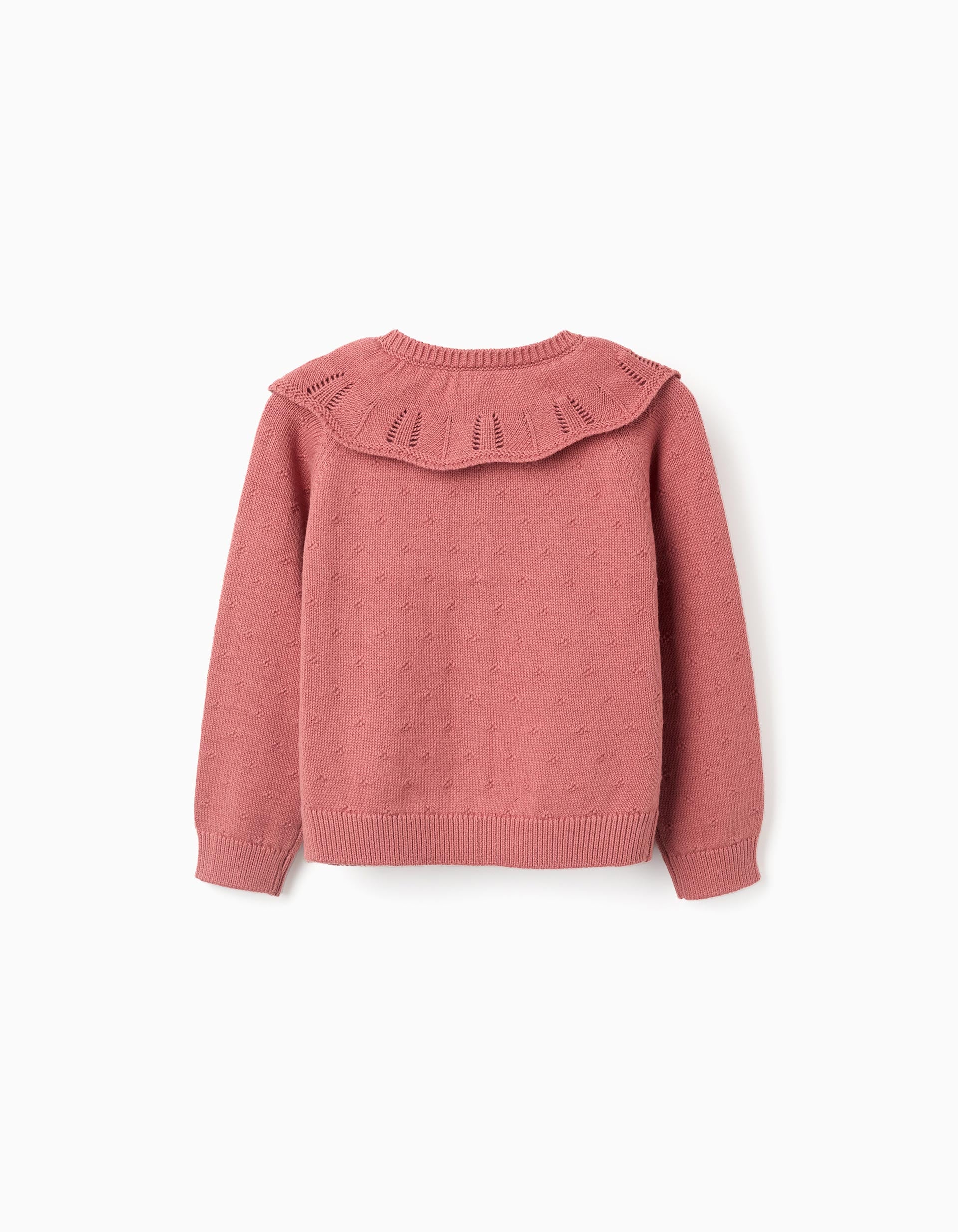 Openwork cotton knit jacket with ruffle collar for girls, pink