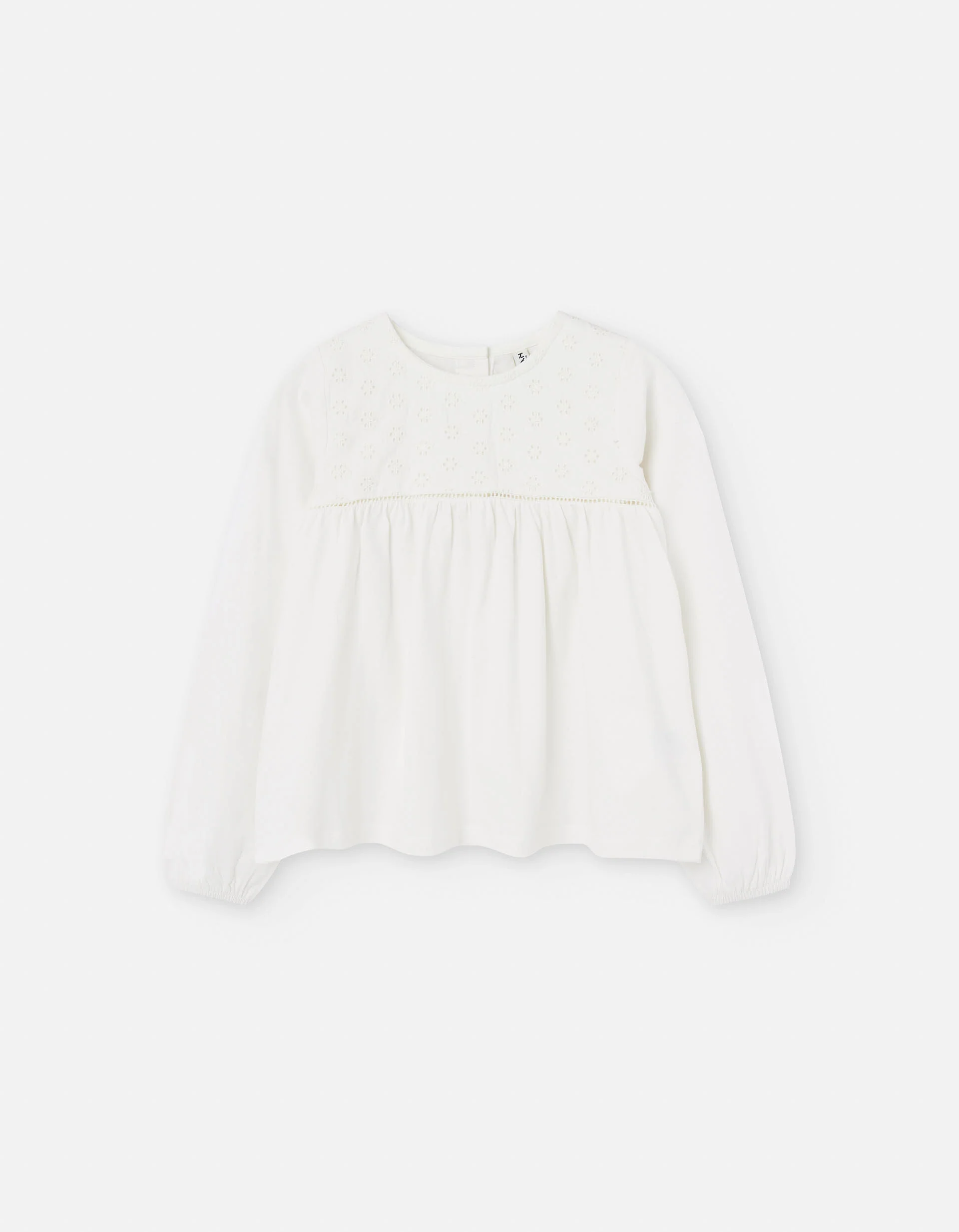 Long sleeve cotton T-shirt with Swiss embroidery for girls, white