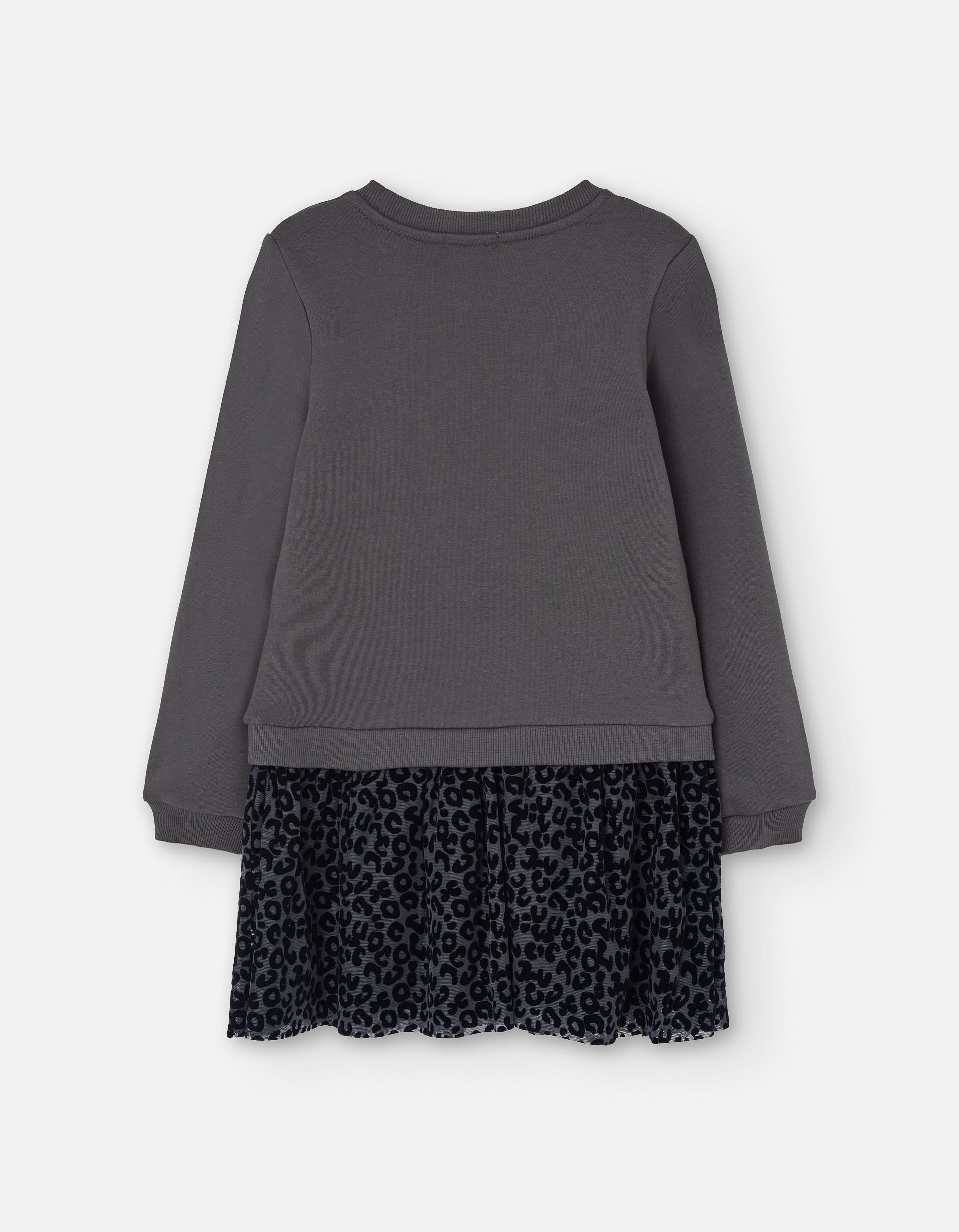 Dual-fabric dress with tulle skirt and print for girls, grey/black