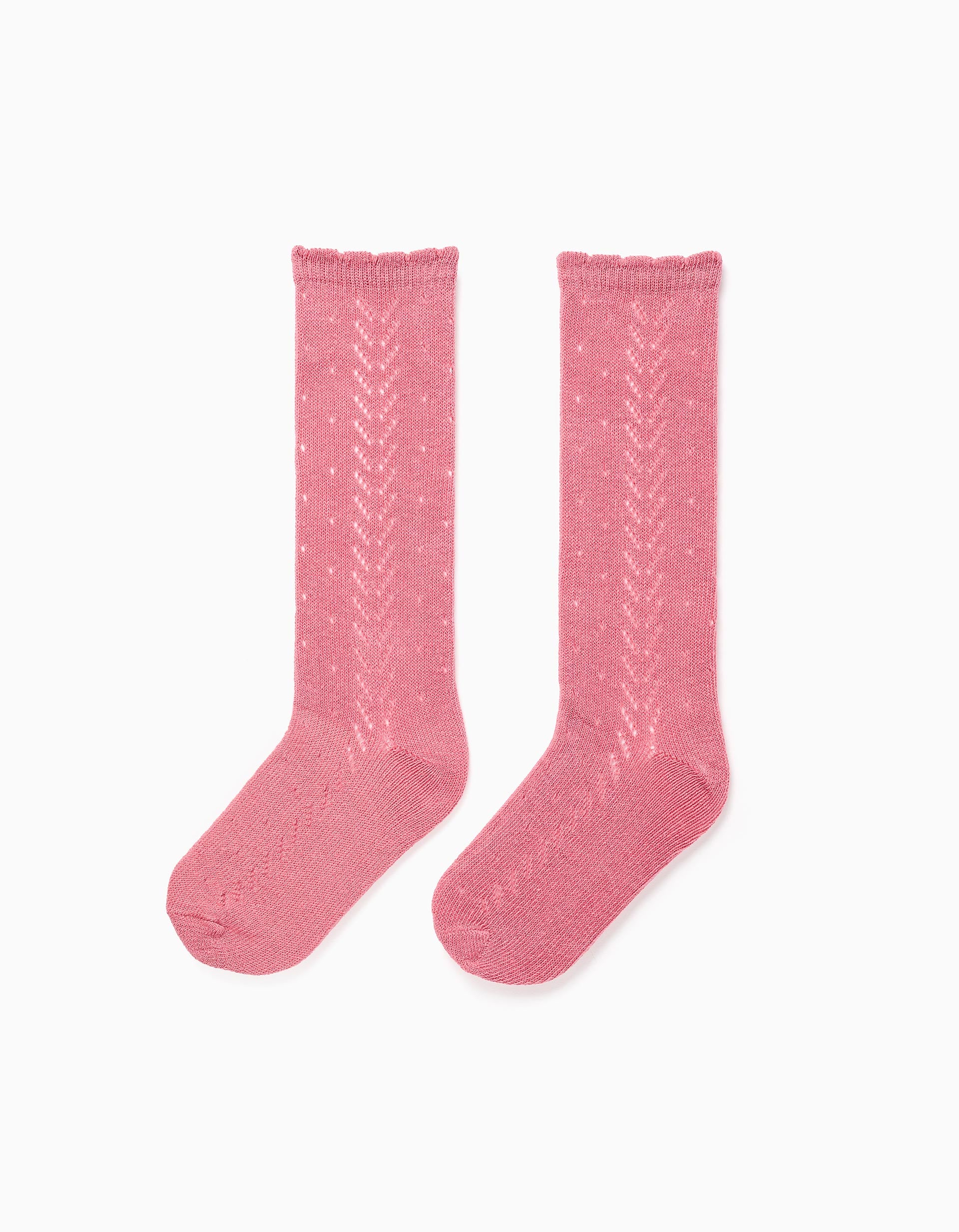 Openwork Knit High Socks with Wavy End for Girls, Pink