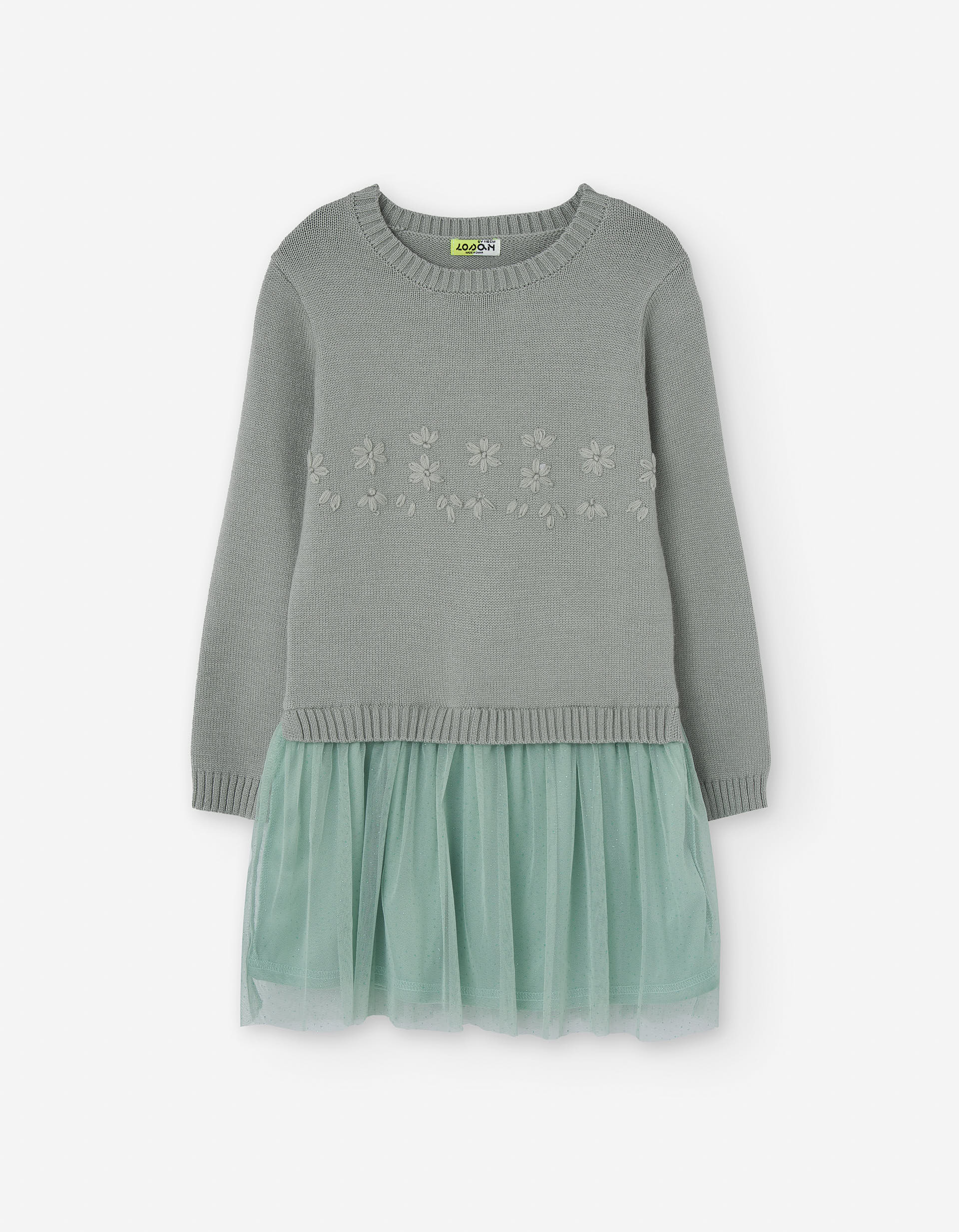 Dual-fabric dress with tulle skirt for girls, grey/green