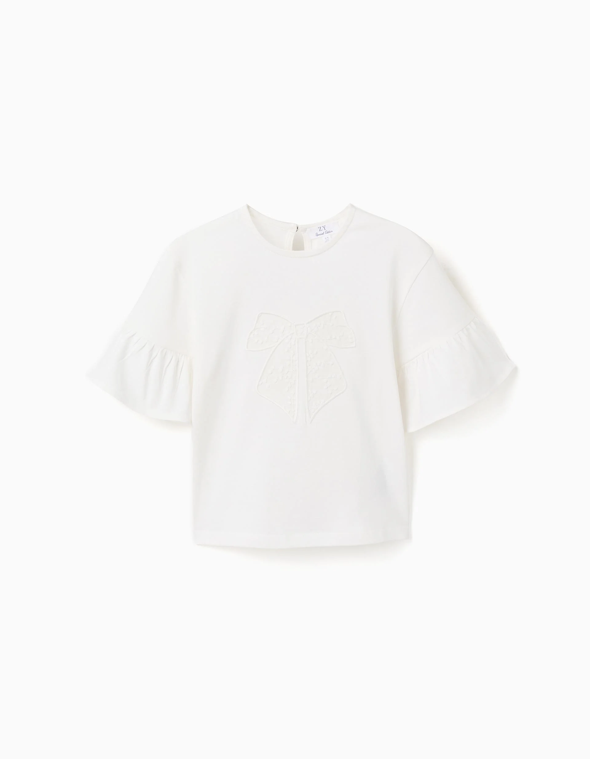 T-shirt with ruffles and embroidered bow for girls, white