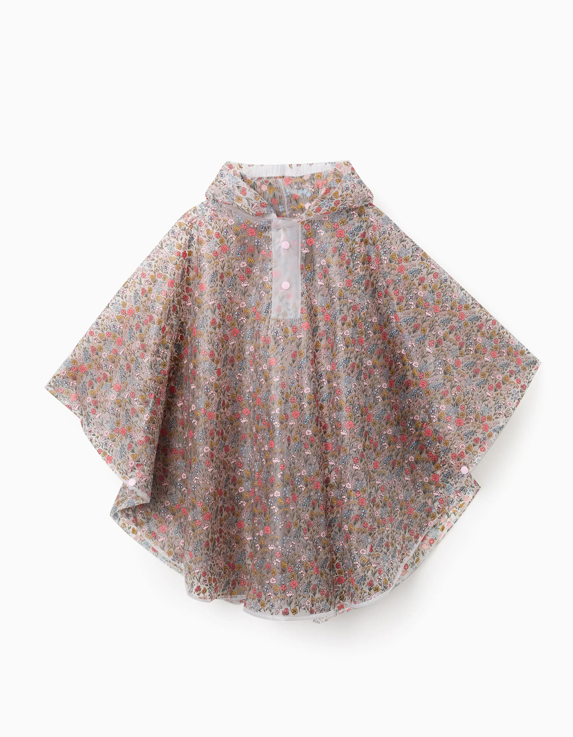 Floral waterproof hooded poncho for babies and girls, transparent/coral