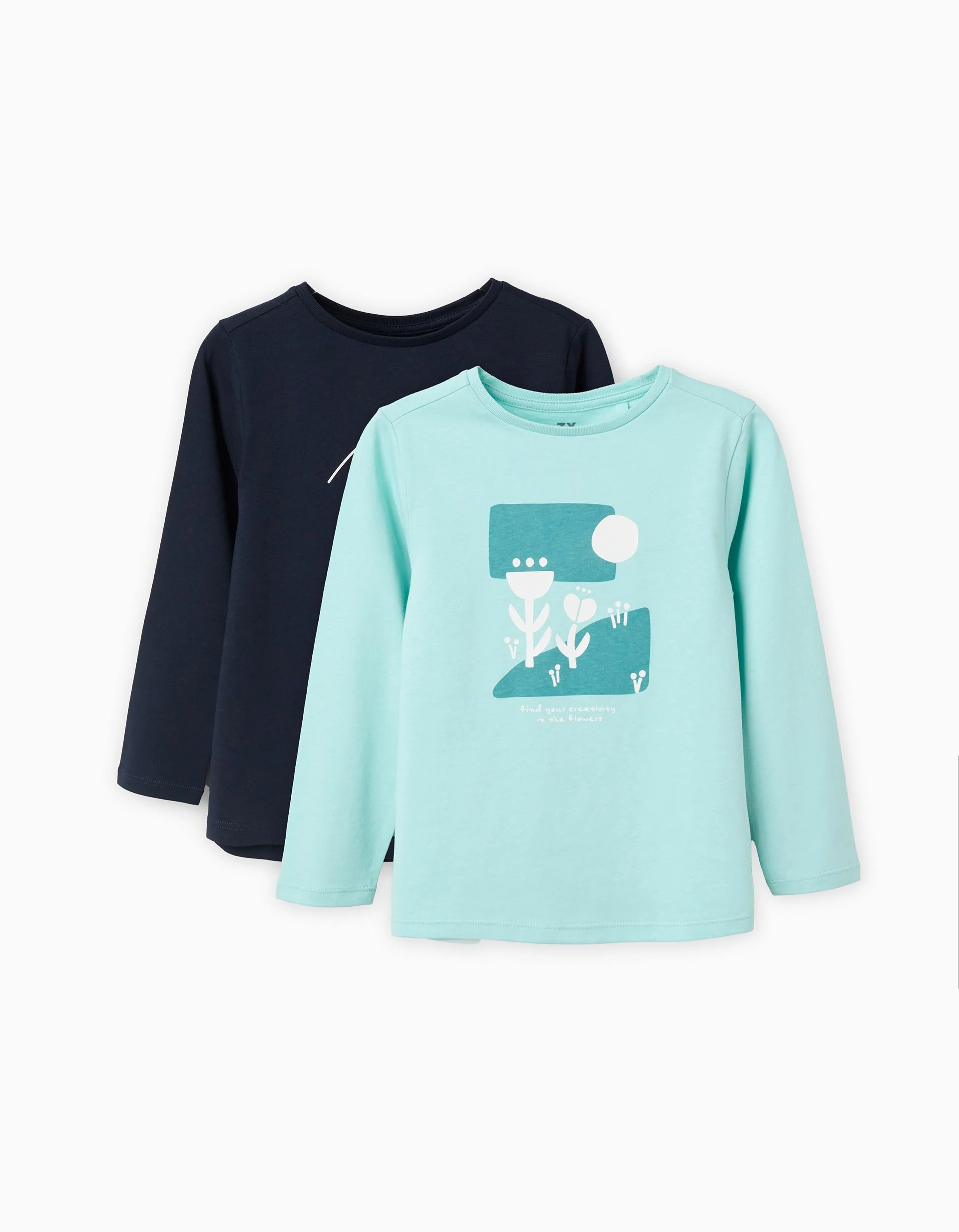 Pack of 2 long sleeve T-shirts with prints for girls, dark/light blue