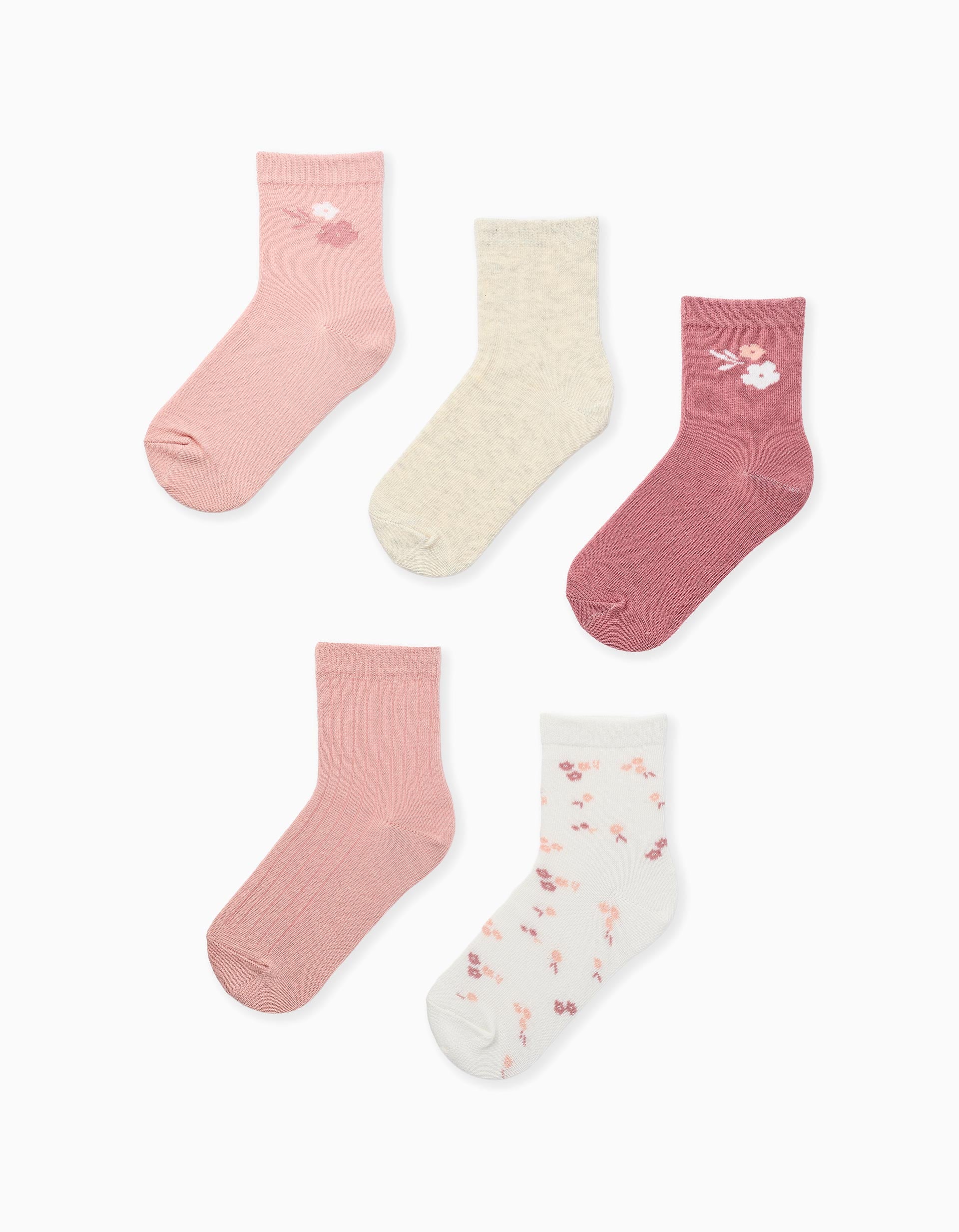 Pack of 5 pairs of socks with flowers for girls, pink/white/beige