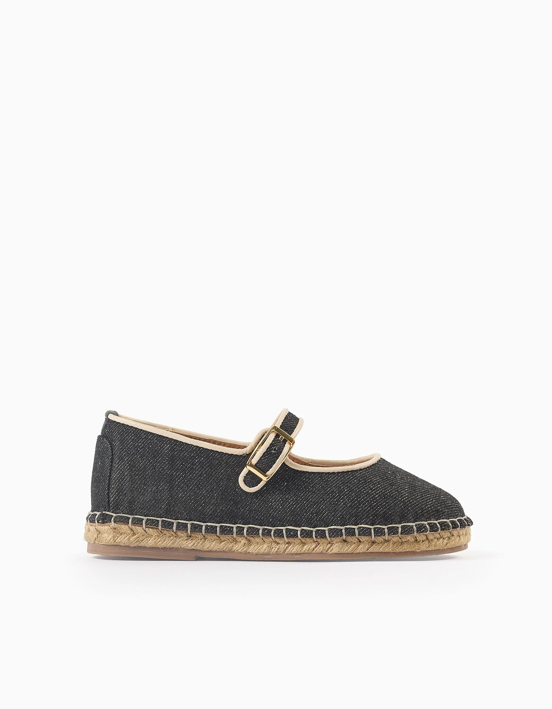 Denim Ballerina Flats with Jute for Girls, Black/Beige