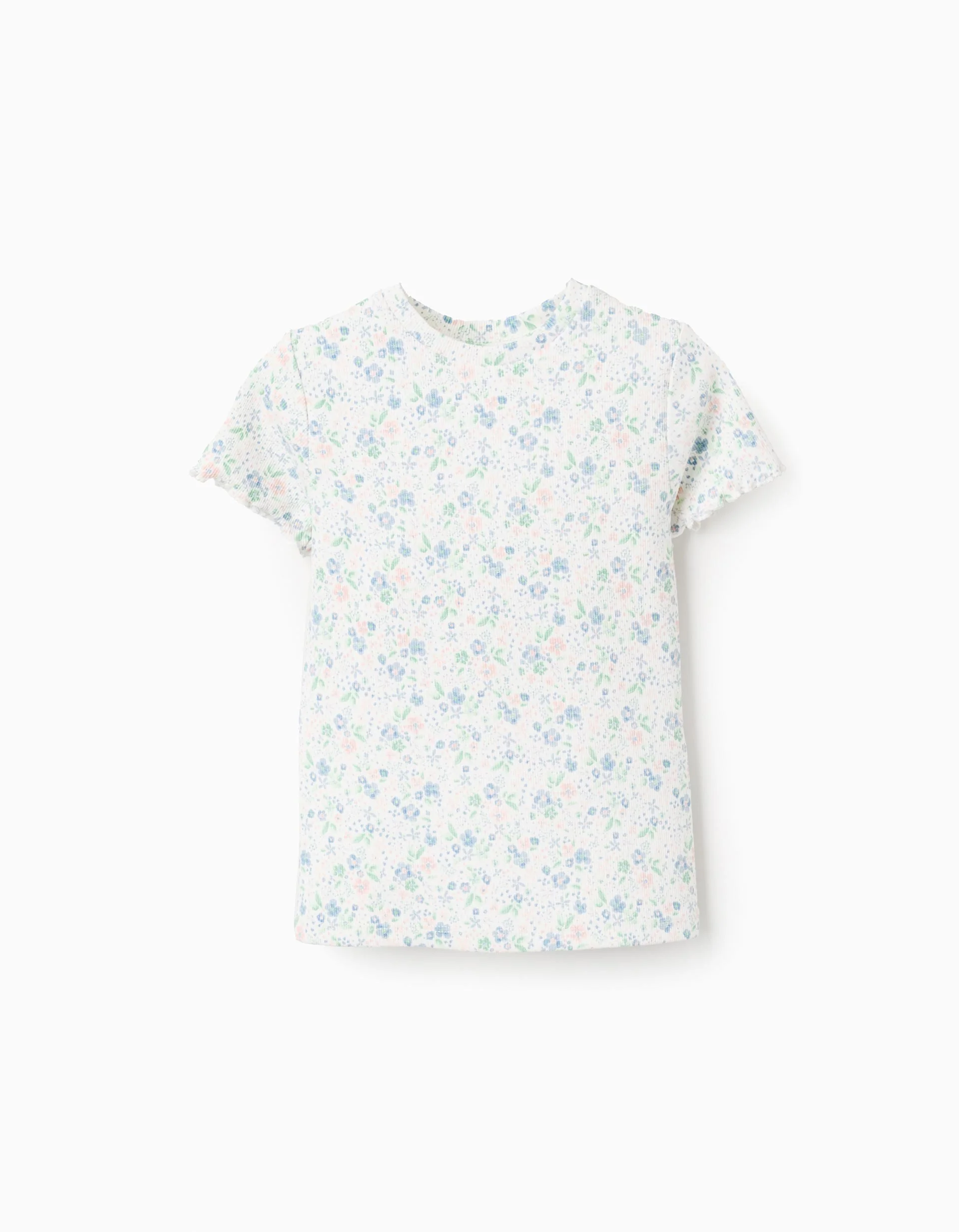 Floral Ribbed T-shirt for Girls, White/Pink/Blue/Green