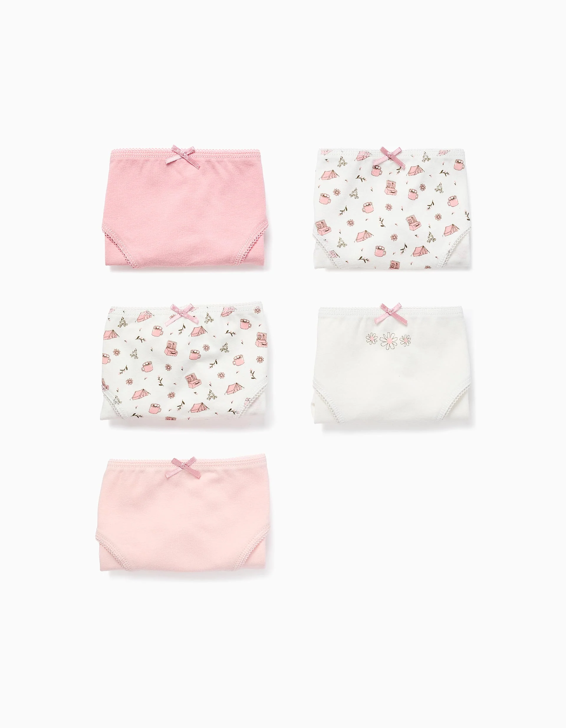 Pack of 5 Briefs for Girls 'Flowers & Camping', White/Pink