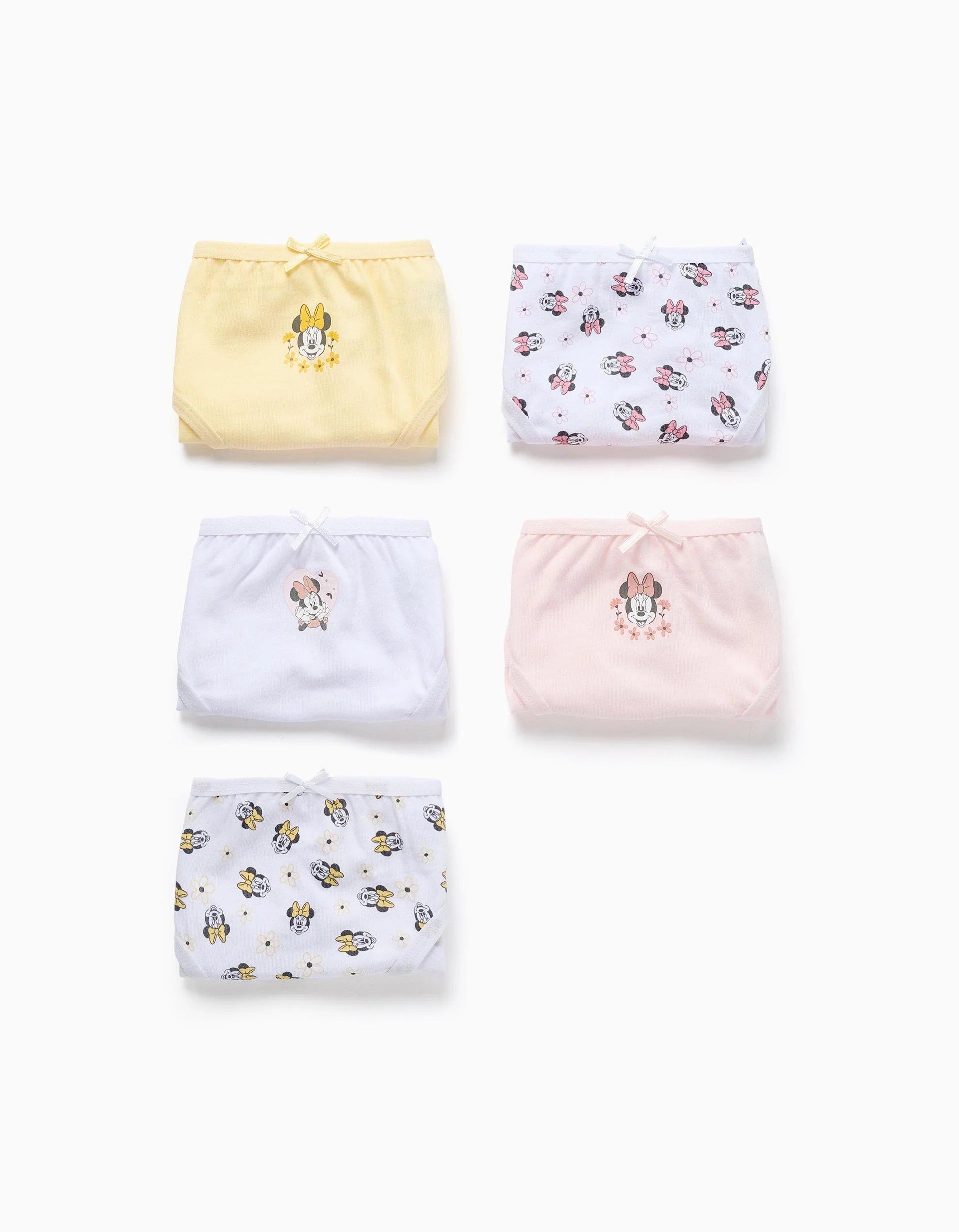Pack of 5 briefs with Minnie prints for girls, pink/white/yellow