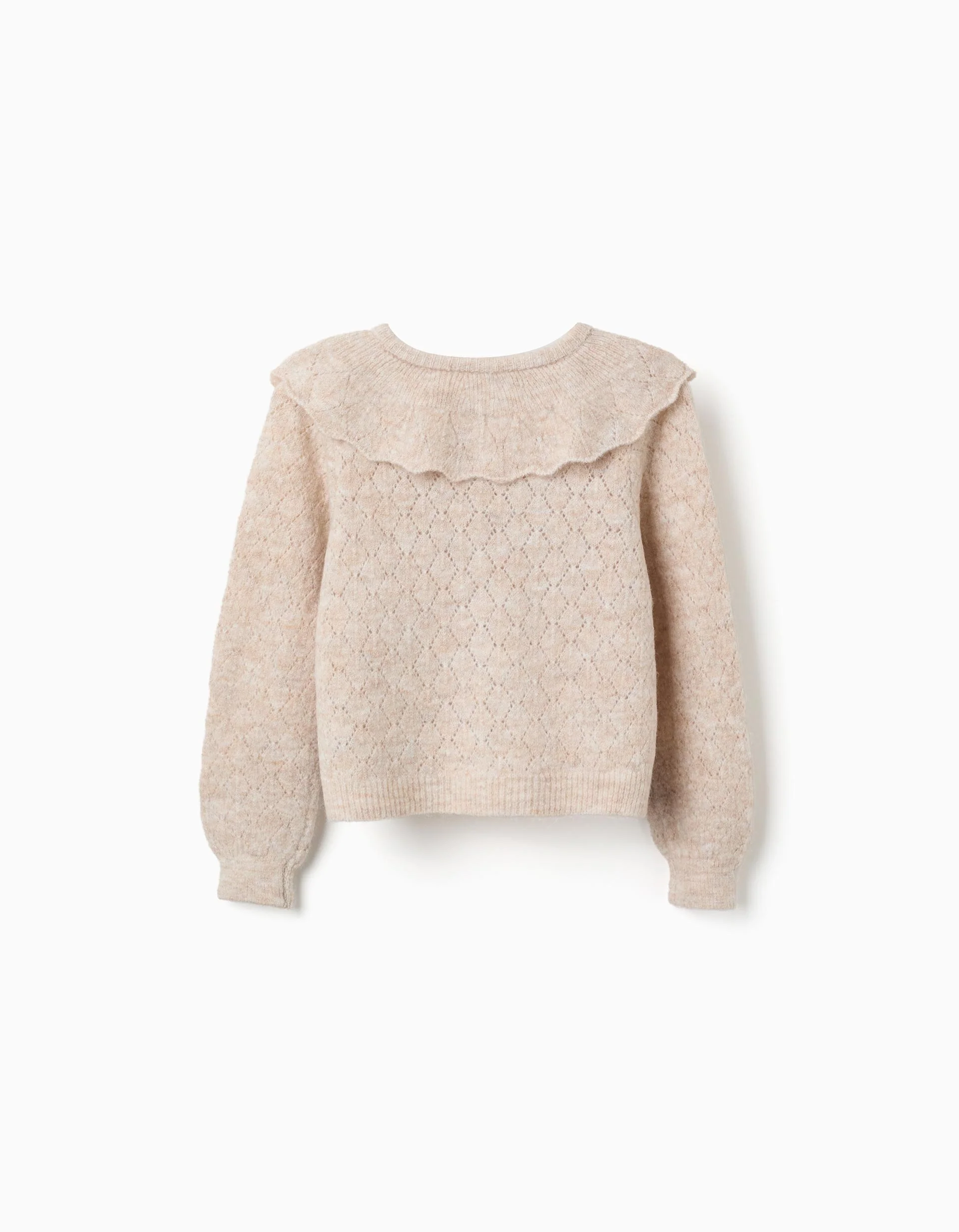 Openwork knit jacket with ruffle collar for girls, beige