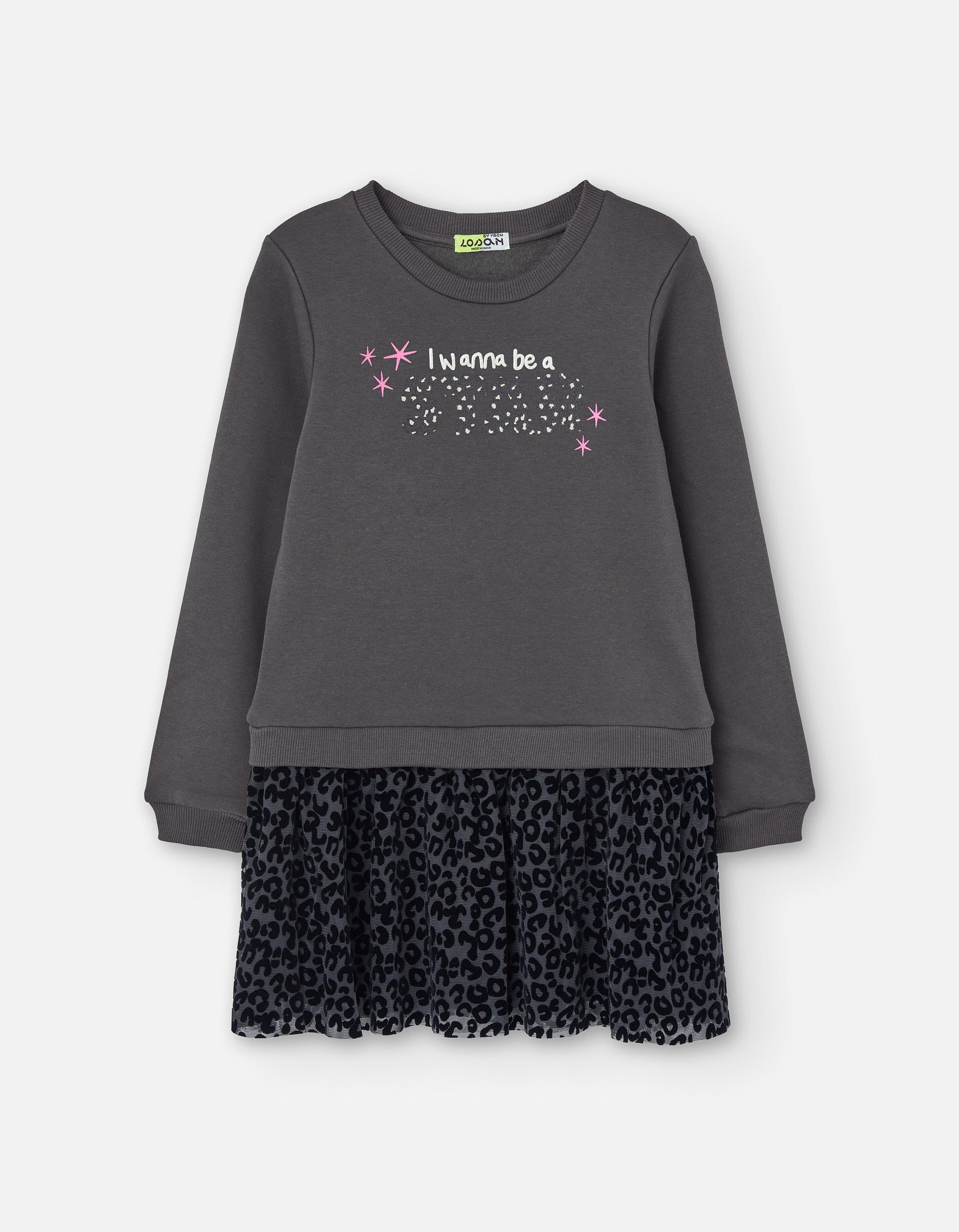 Dual-fabric dress with tulle skirt and print for girls, grey/black
