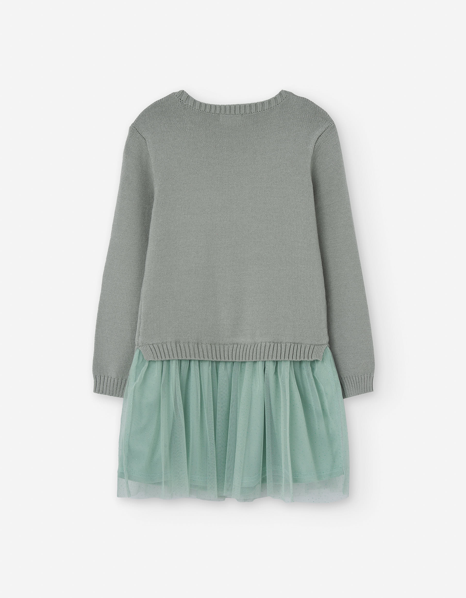 Dual-fabric dress with tulle skirt for girls, grey/green
