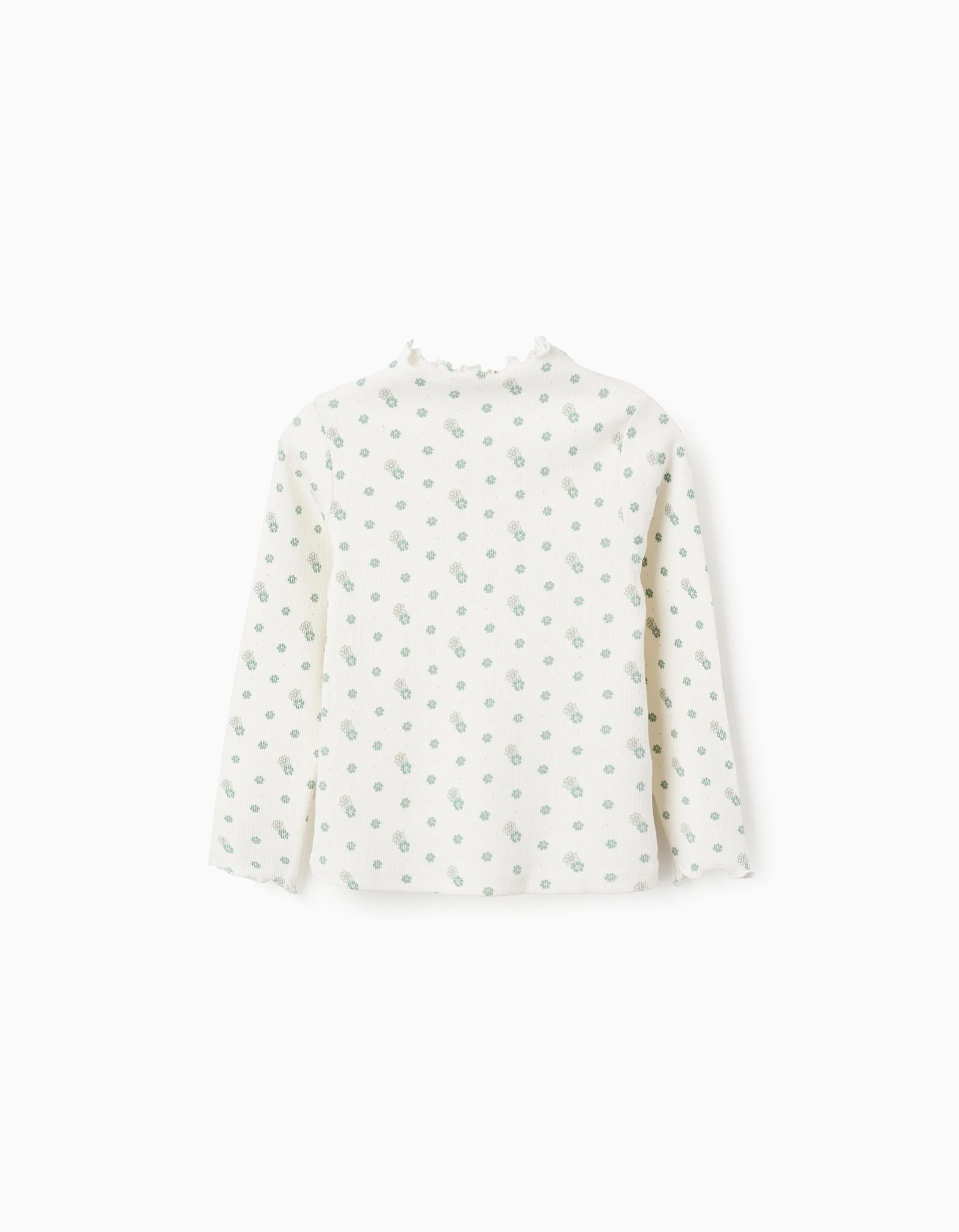 Long Sleeve Ribbed T-shirt with Floral Motif for Girls, White