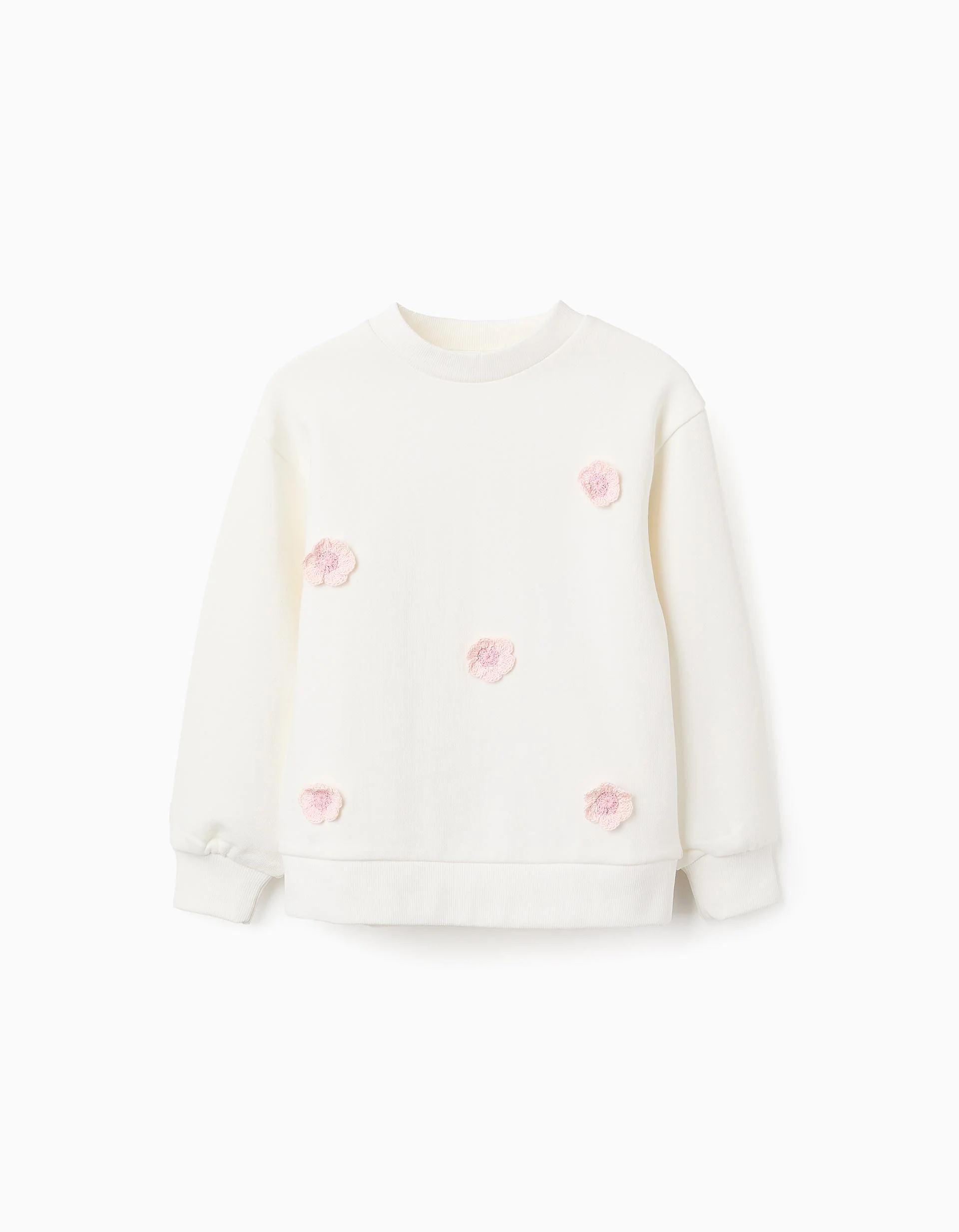 Cotton Sweatshirt with Crochet Flowers for Girls, White/Pink
