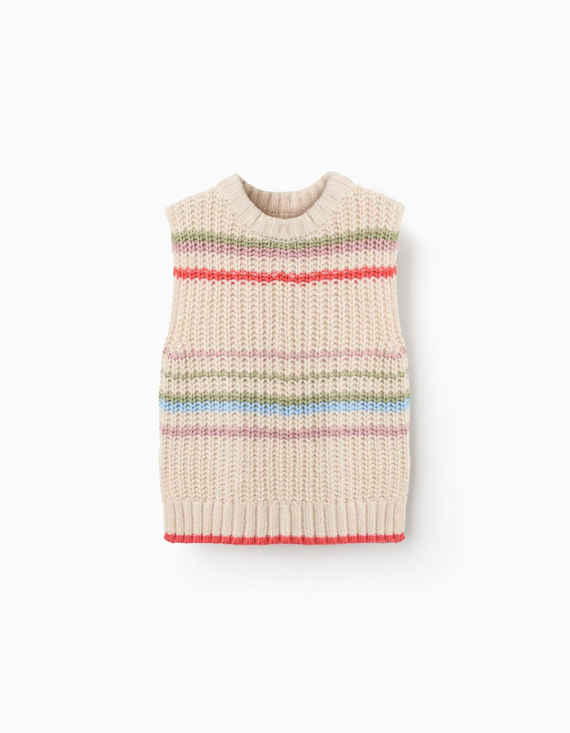 Knitted Waistcoat with Colourful Stripes for Girls, Beige