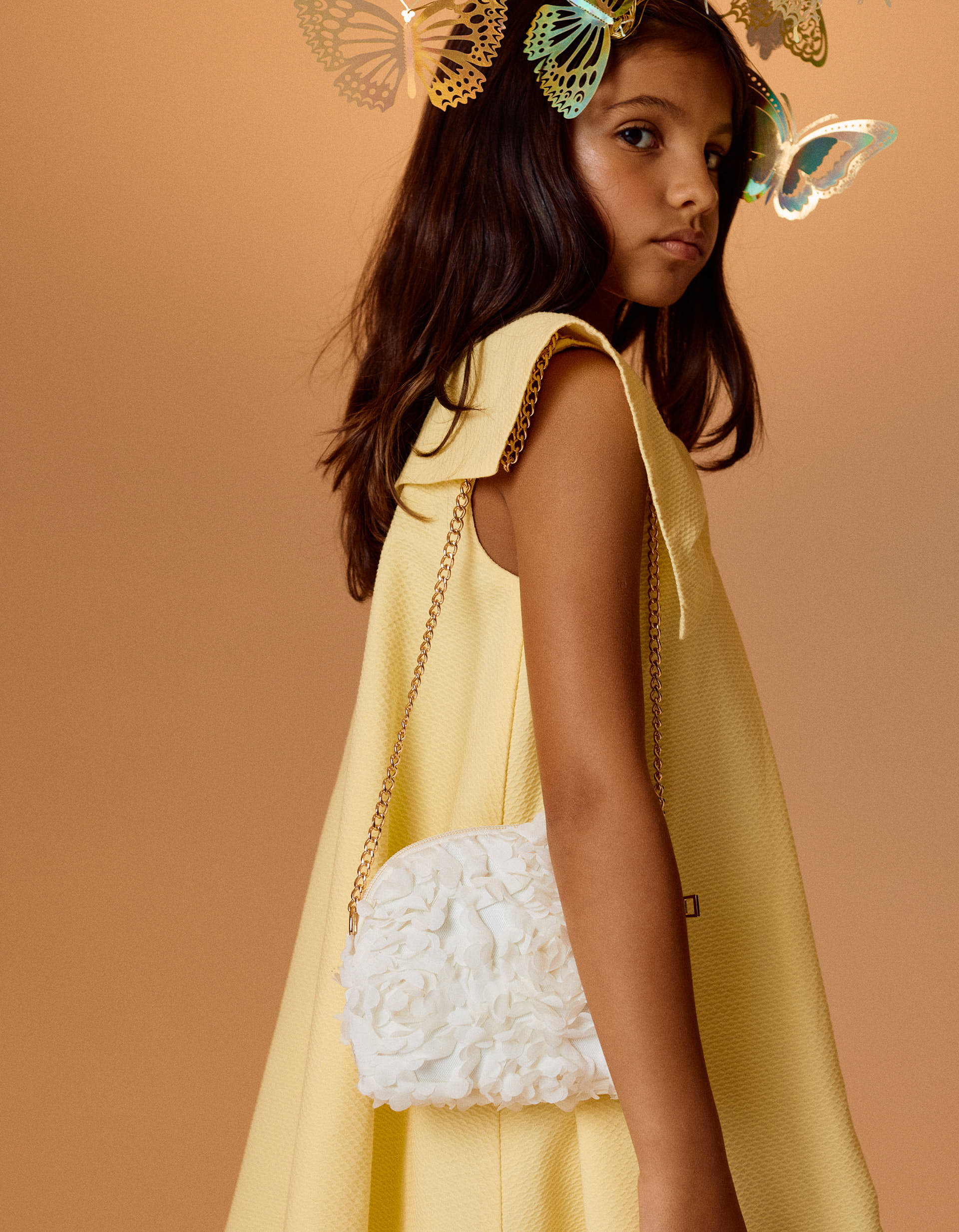 Crossbody Bag with Flower Effect for Girls, White/Gold