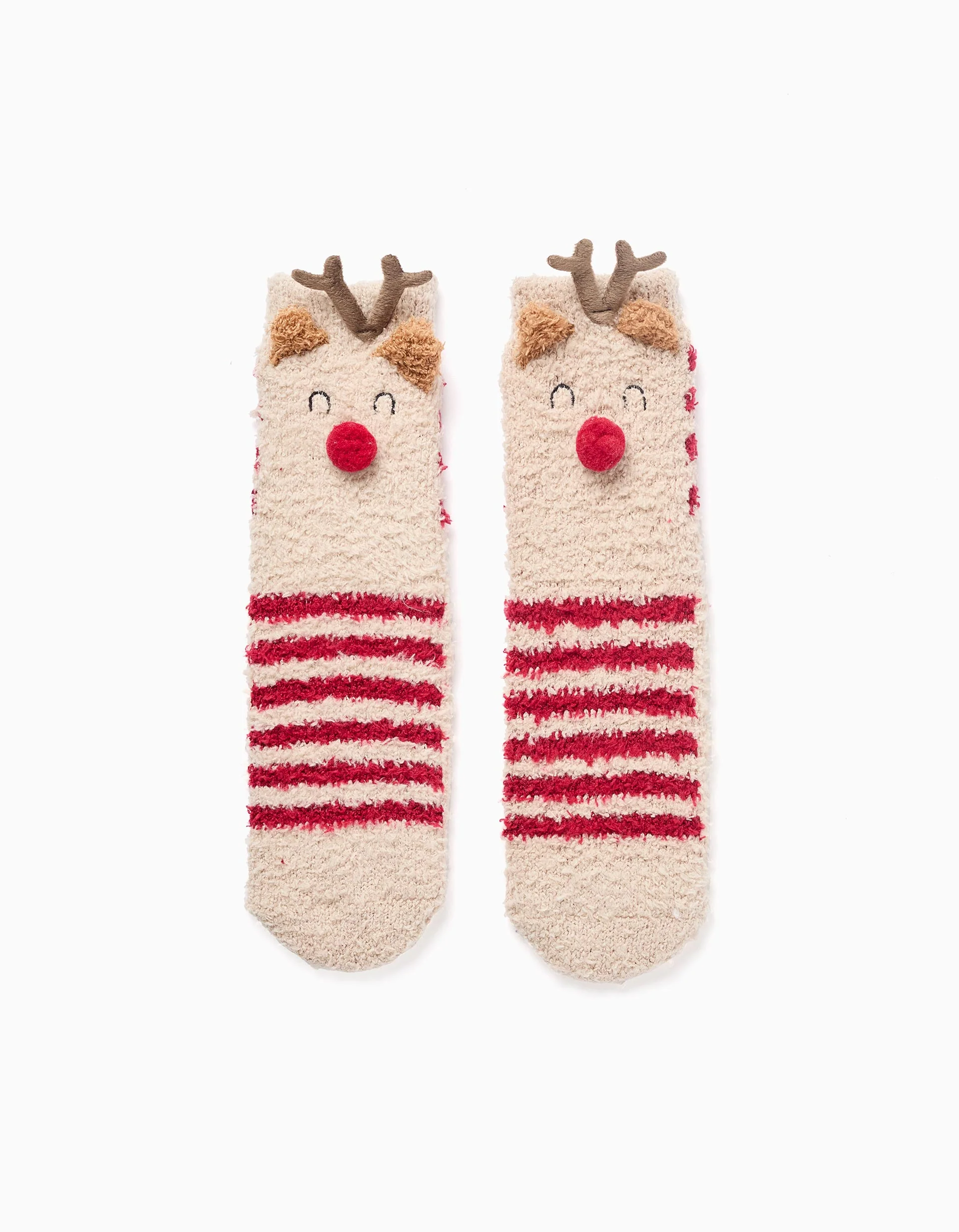 Non-slip terry socks with stripes and reindeer for children, beige/red