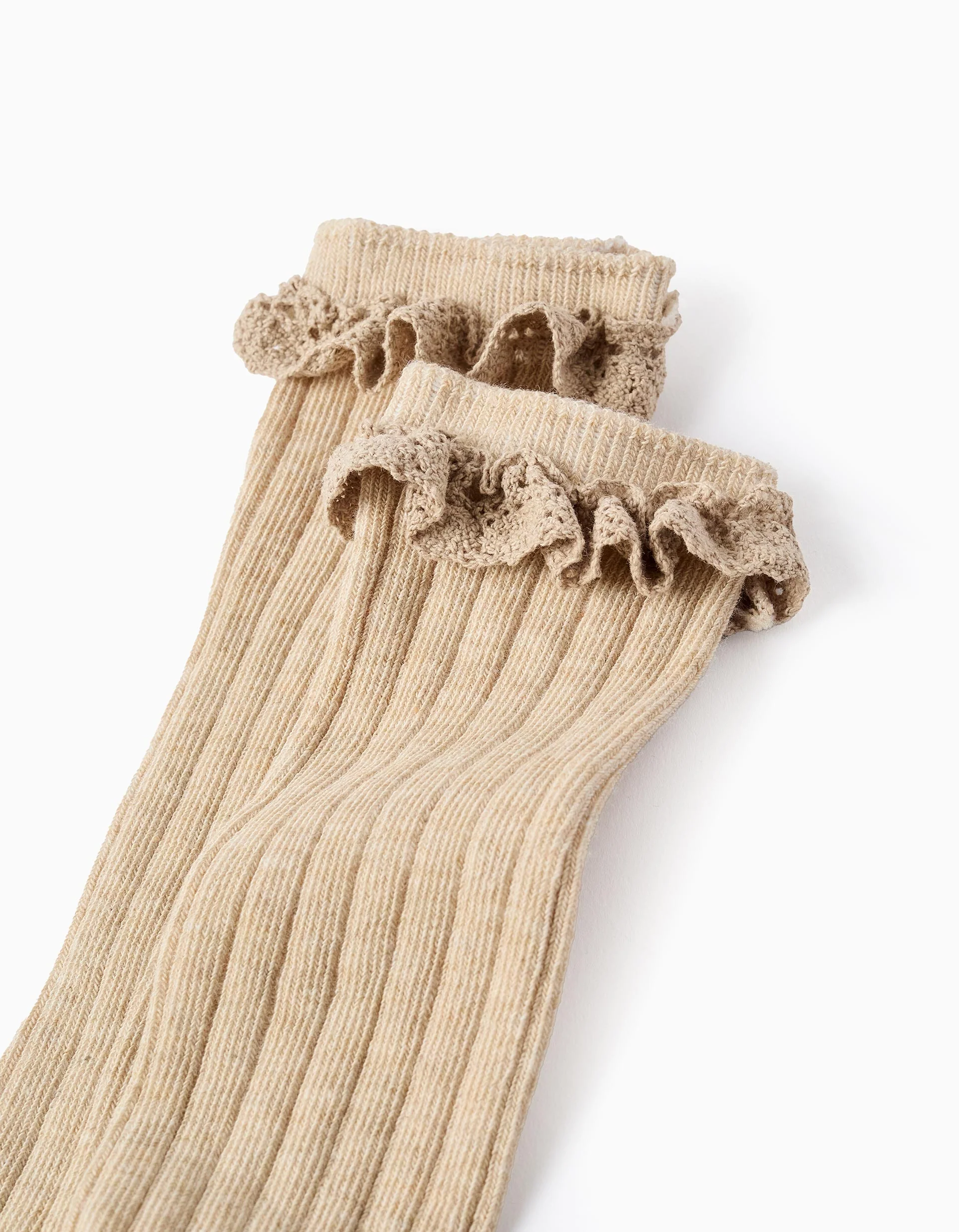 Ribbed High Socks with Crochet for Girls, Beige