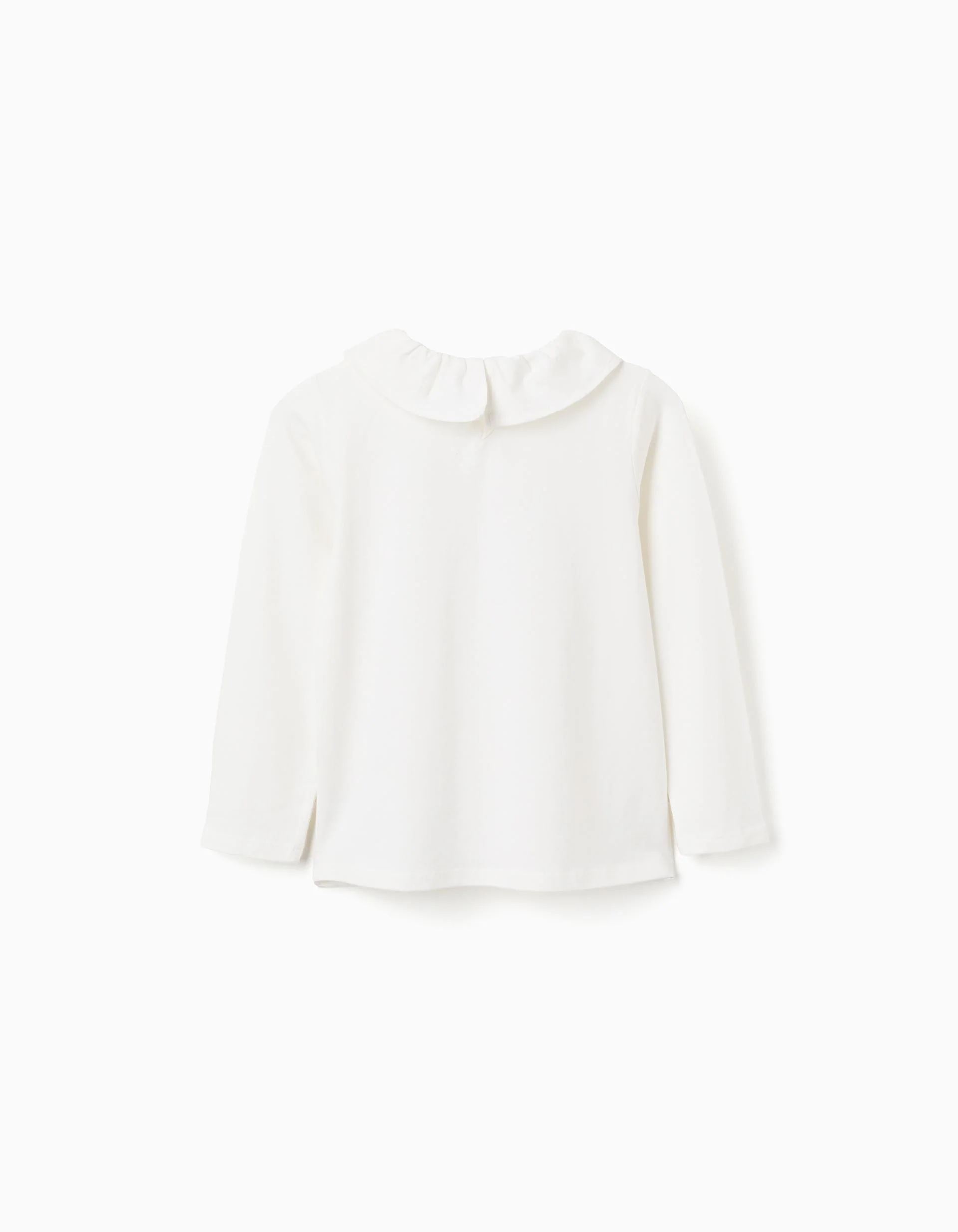 Long sleeve T-shirt with ruffle collar and print for girls, white