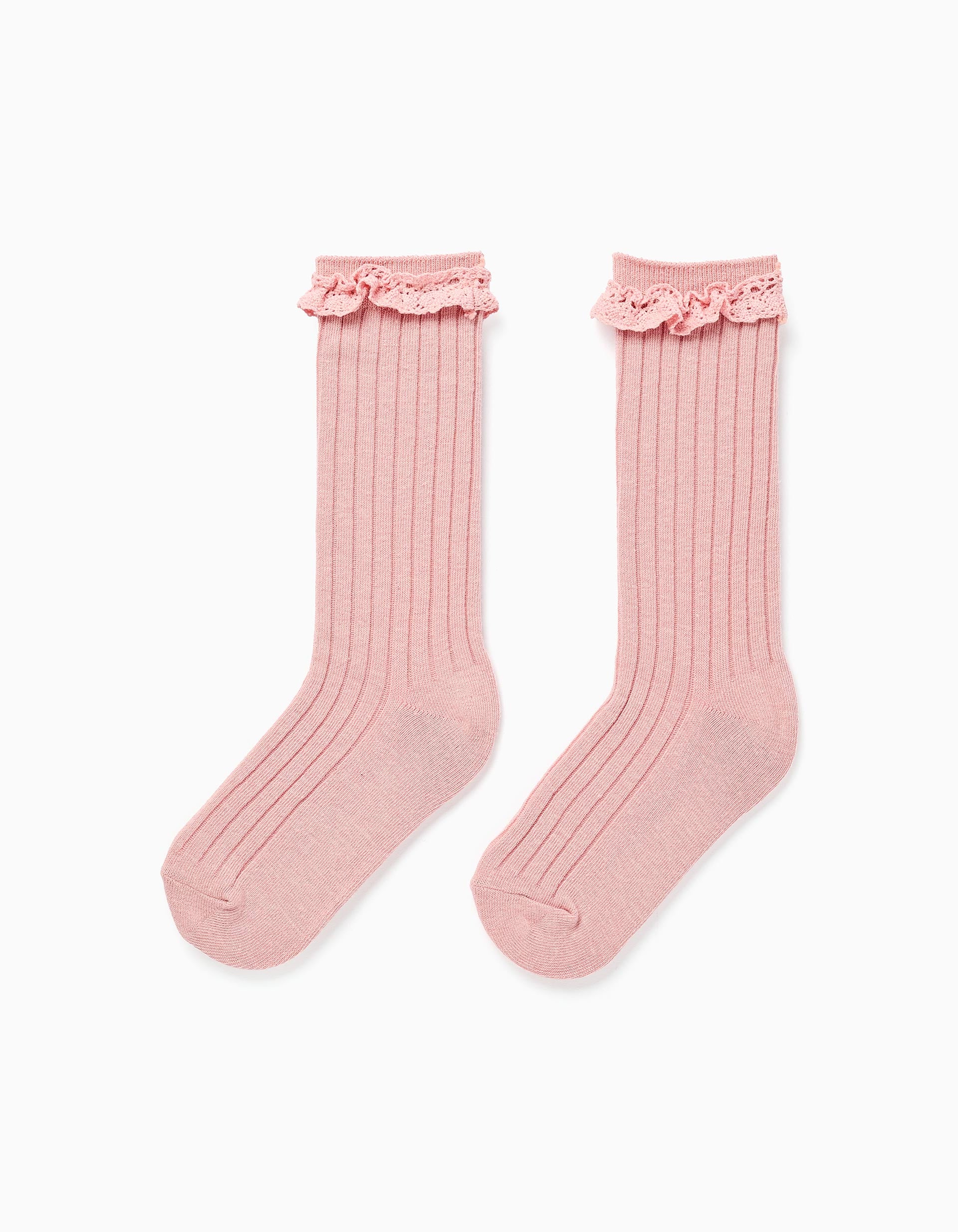 High socks with crochet ruffles for girls, light pink