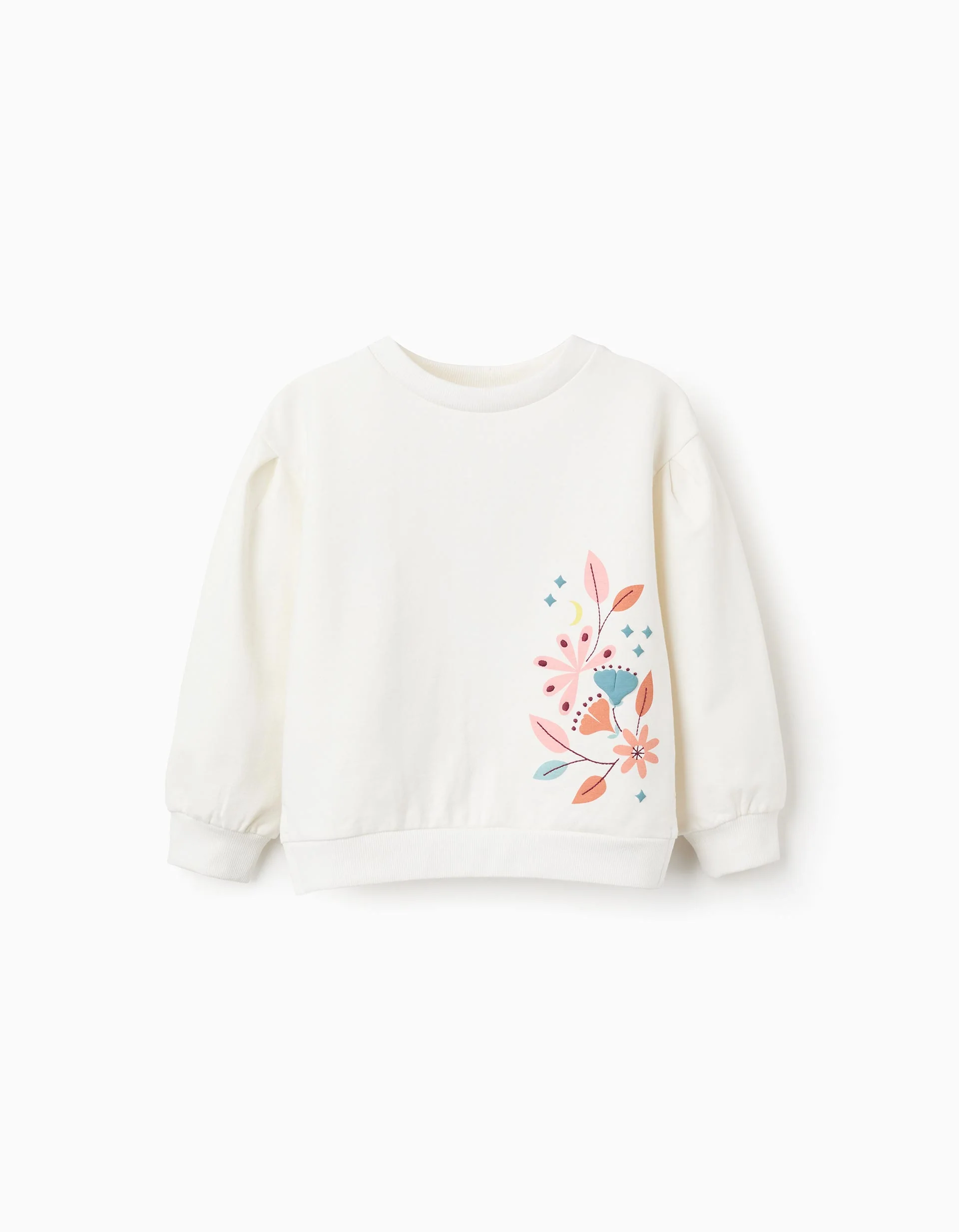 Brushed Sweatshirt with Flower Prints and Embroidery for Girls, White