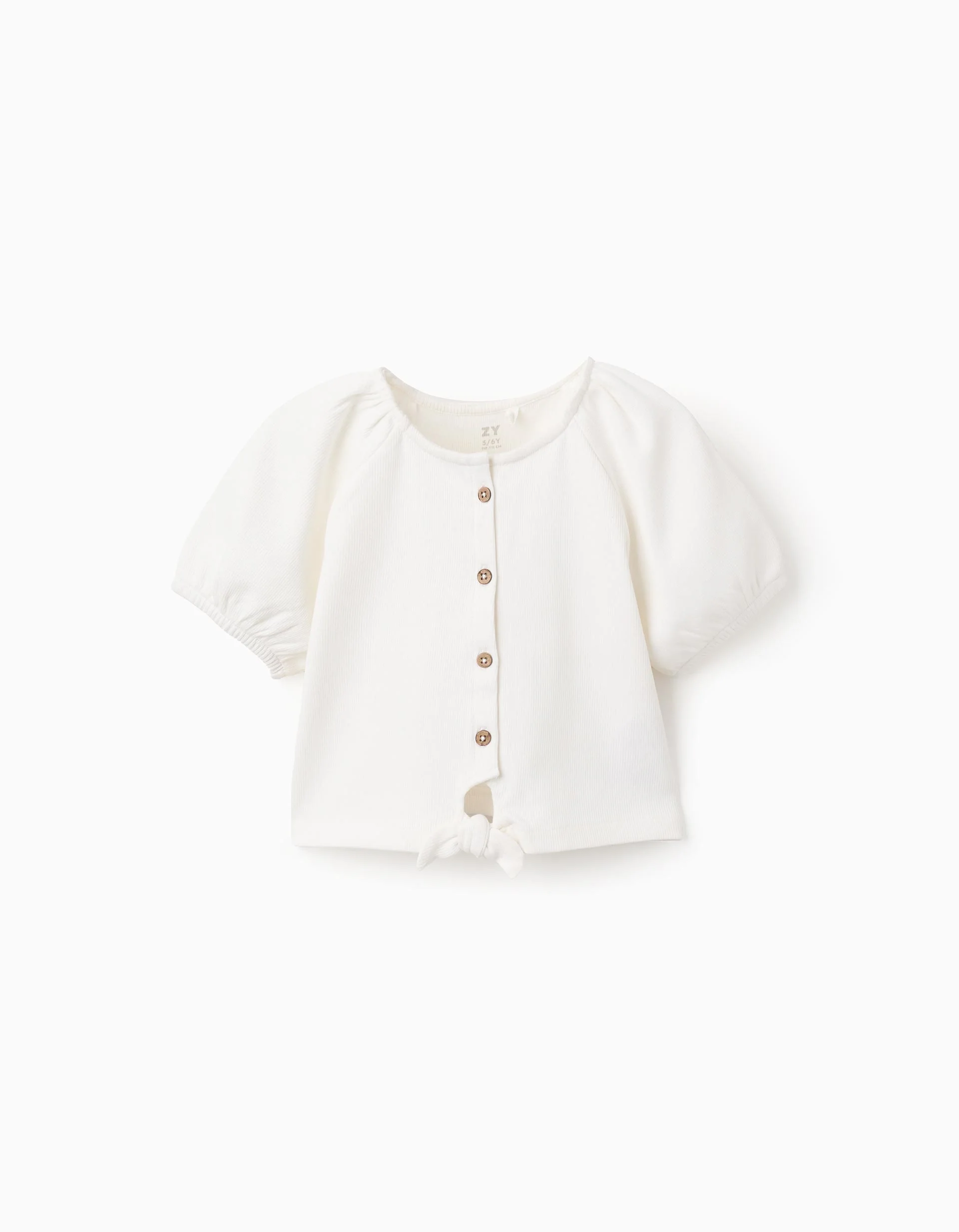 Ribbed Top with Buttons and Knot for Girls, White