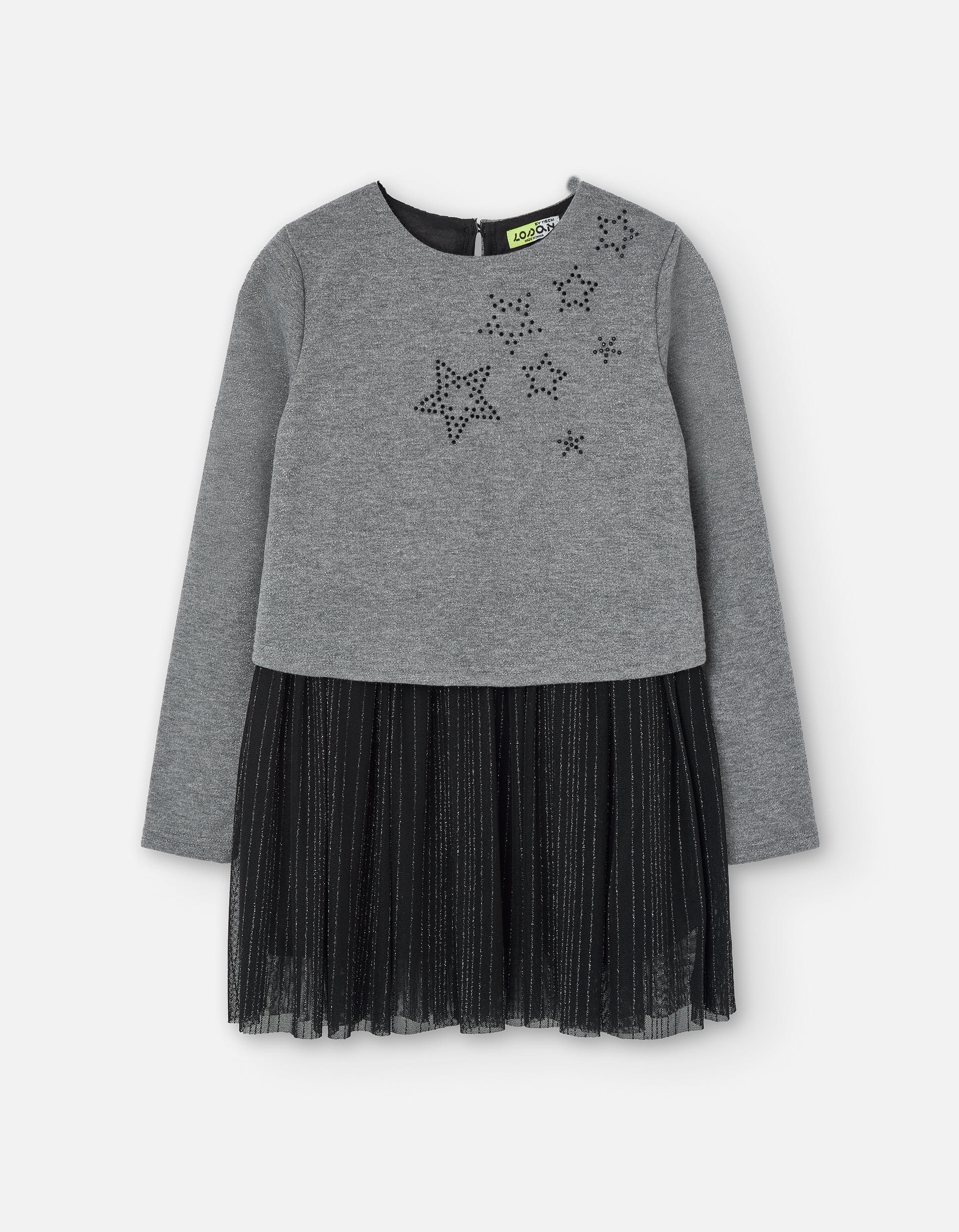 Dual-fabric dress with tulle skirt for girls, grey/black