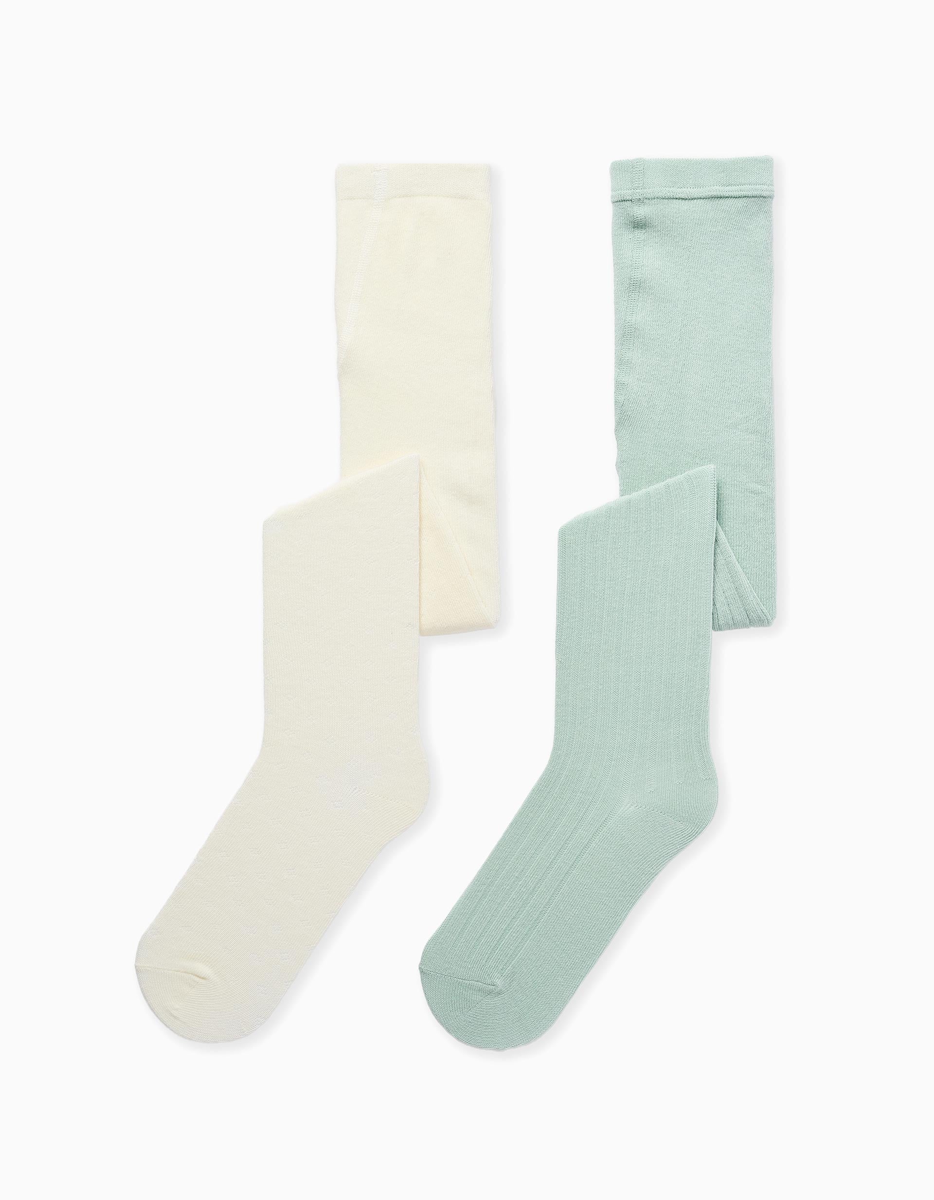 Pack of 2 pairs of ribbed/jacquard tights for girls, white/light green