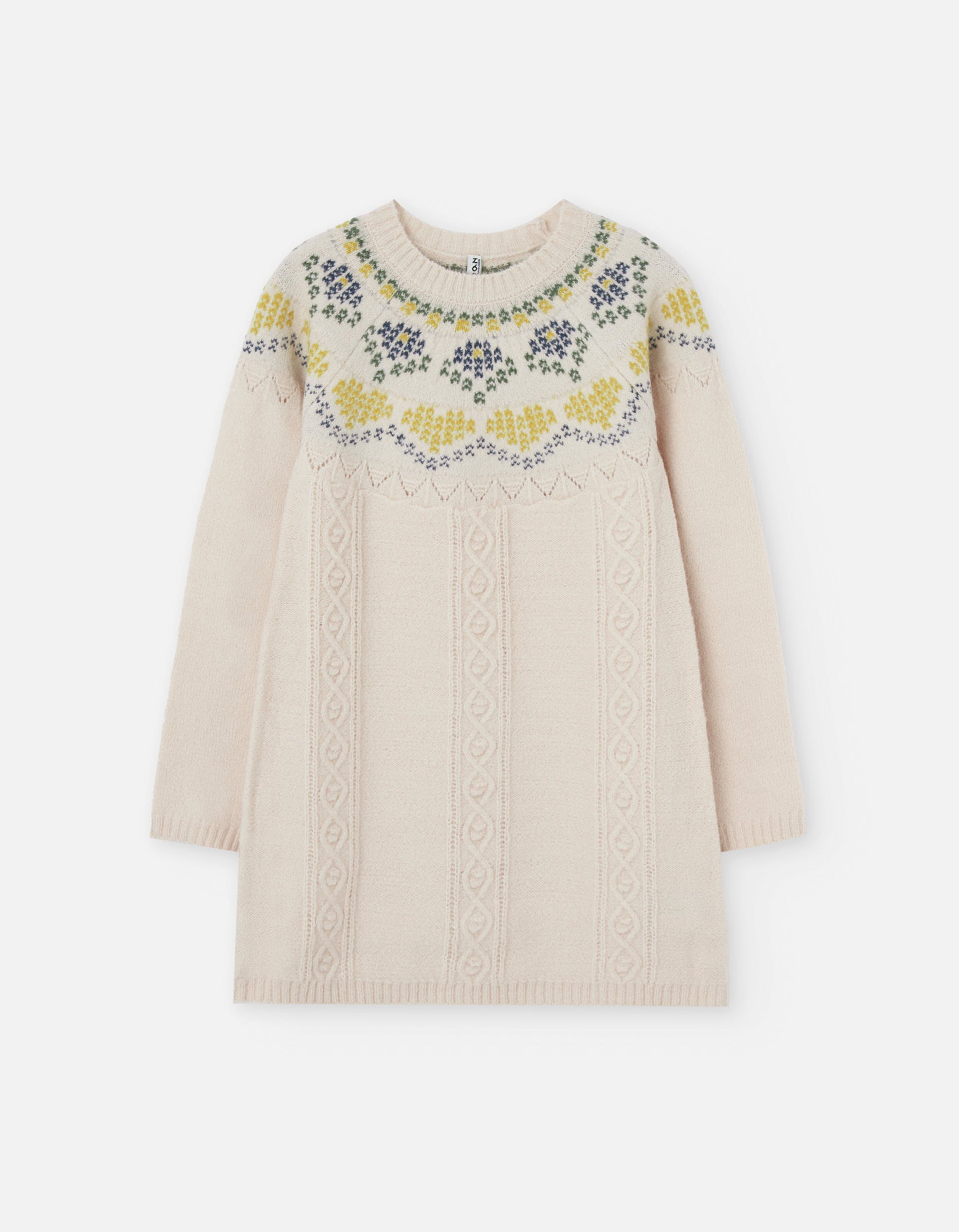 Knitted dress with jacquard and cable details for girls, beige