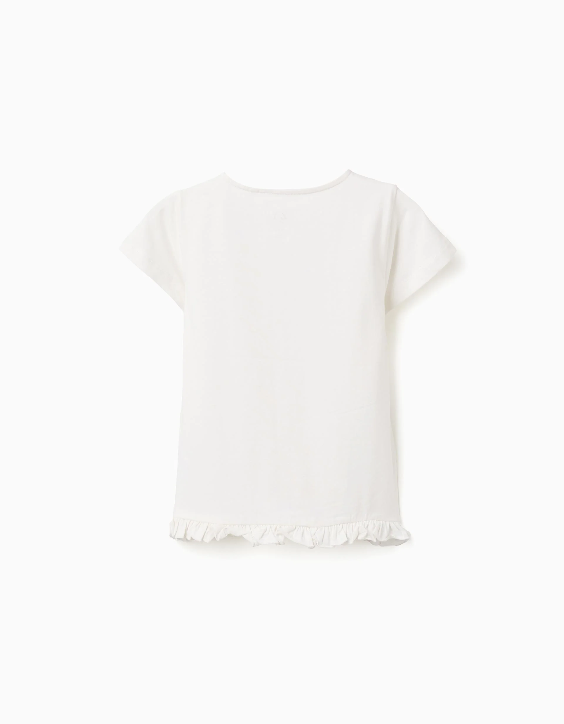 T-shirt with Printed Bow and Ruffle Hem for Girls, White