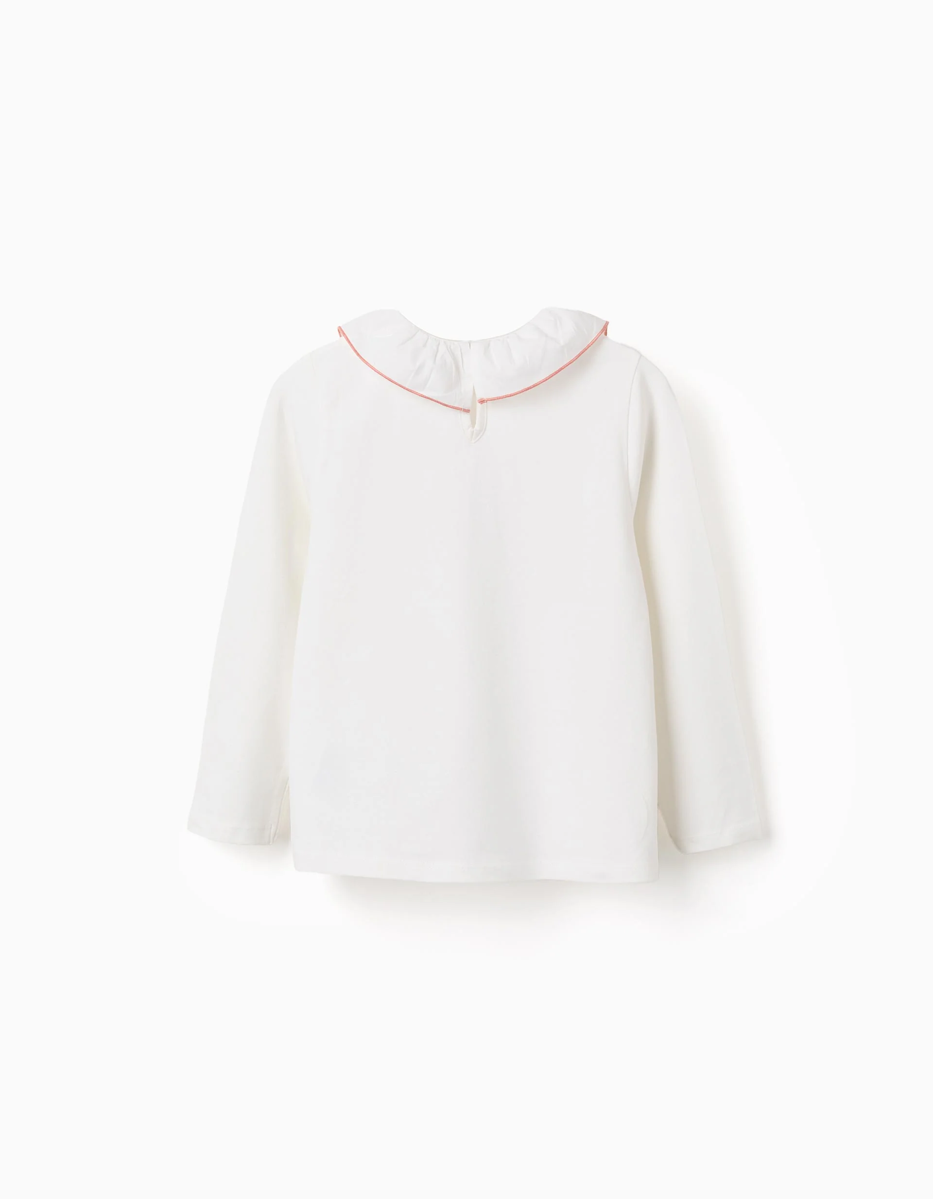 Long sleeve T-shirt with print and ruffled collar for girls, white