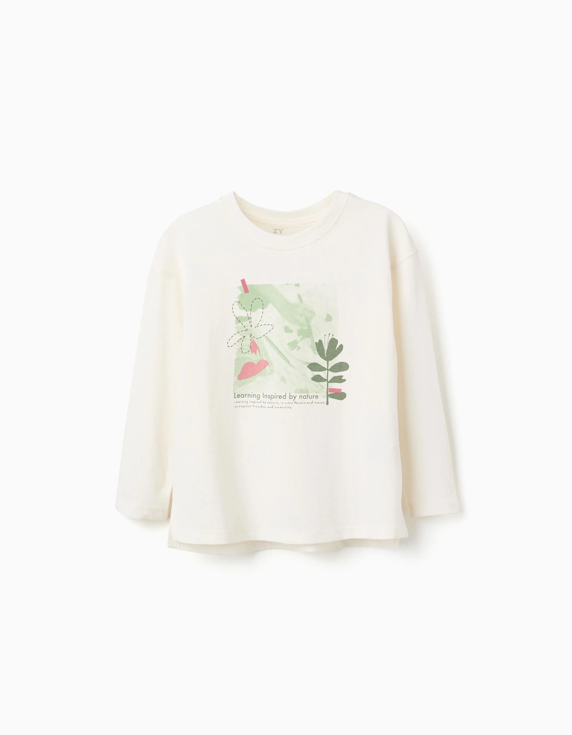 Long sleeve cotton T-shirt with 'Nature' print for girls, white
