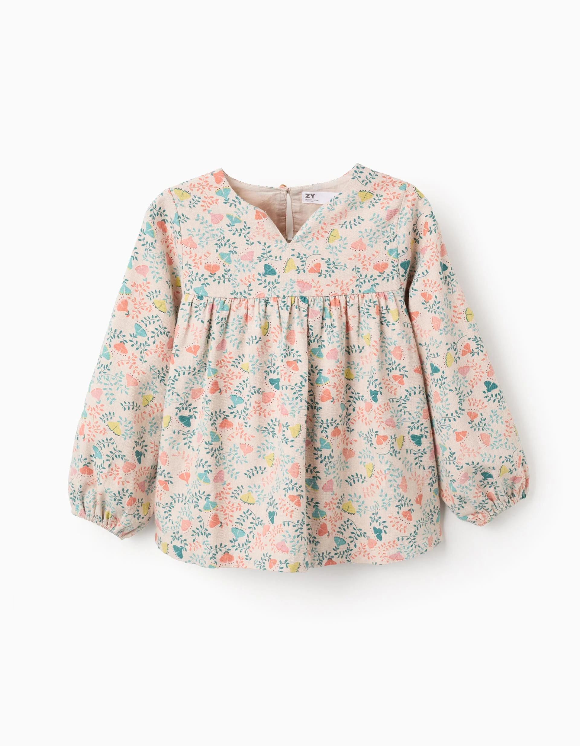 Twill Tunic with Colourful Floral Motif for Girls, Beige