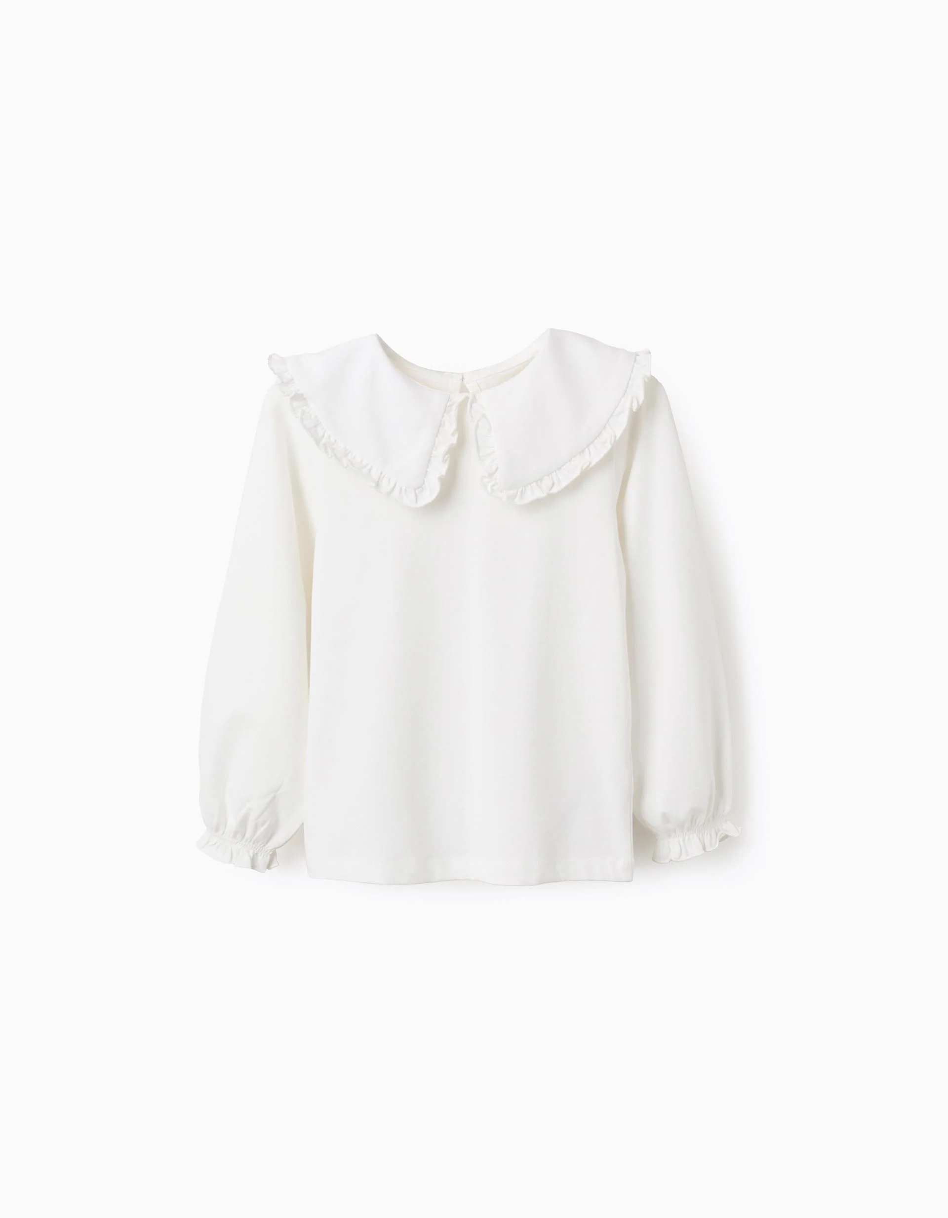 T-shirt with Maxi Collar and Frill Contour for Girls, White