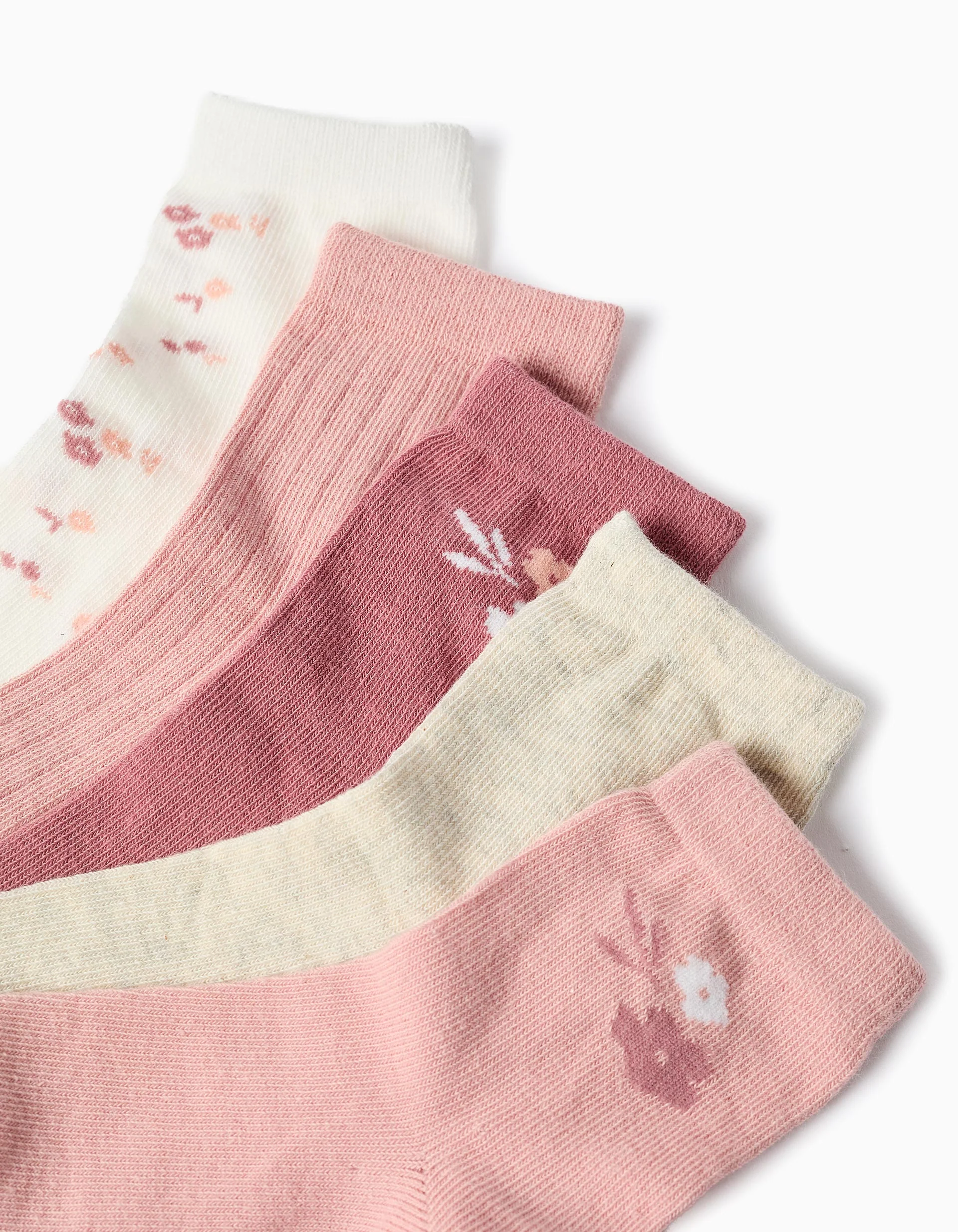 Pack of 5 pairs of socks with flowers for girls, pink/white/beige