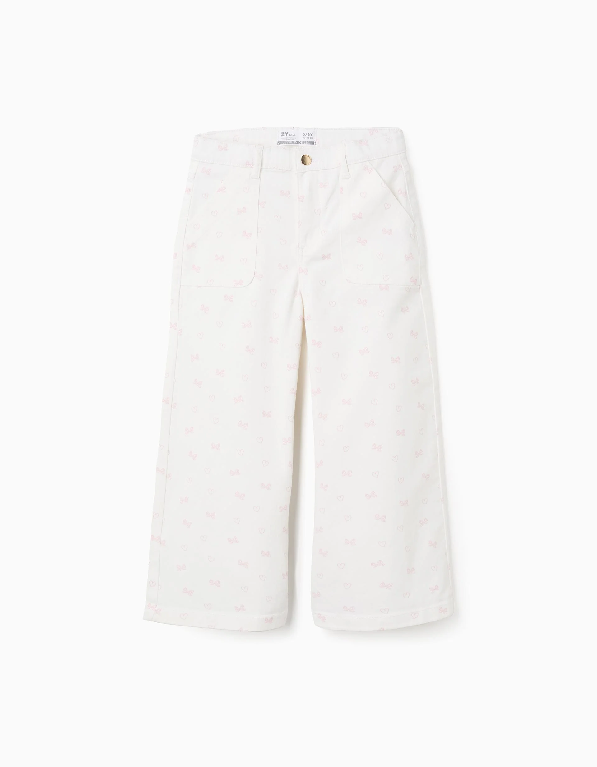 Twill Trousers with Pattern for Girls 'Wide Leg', White/Pink